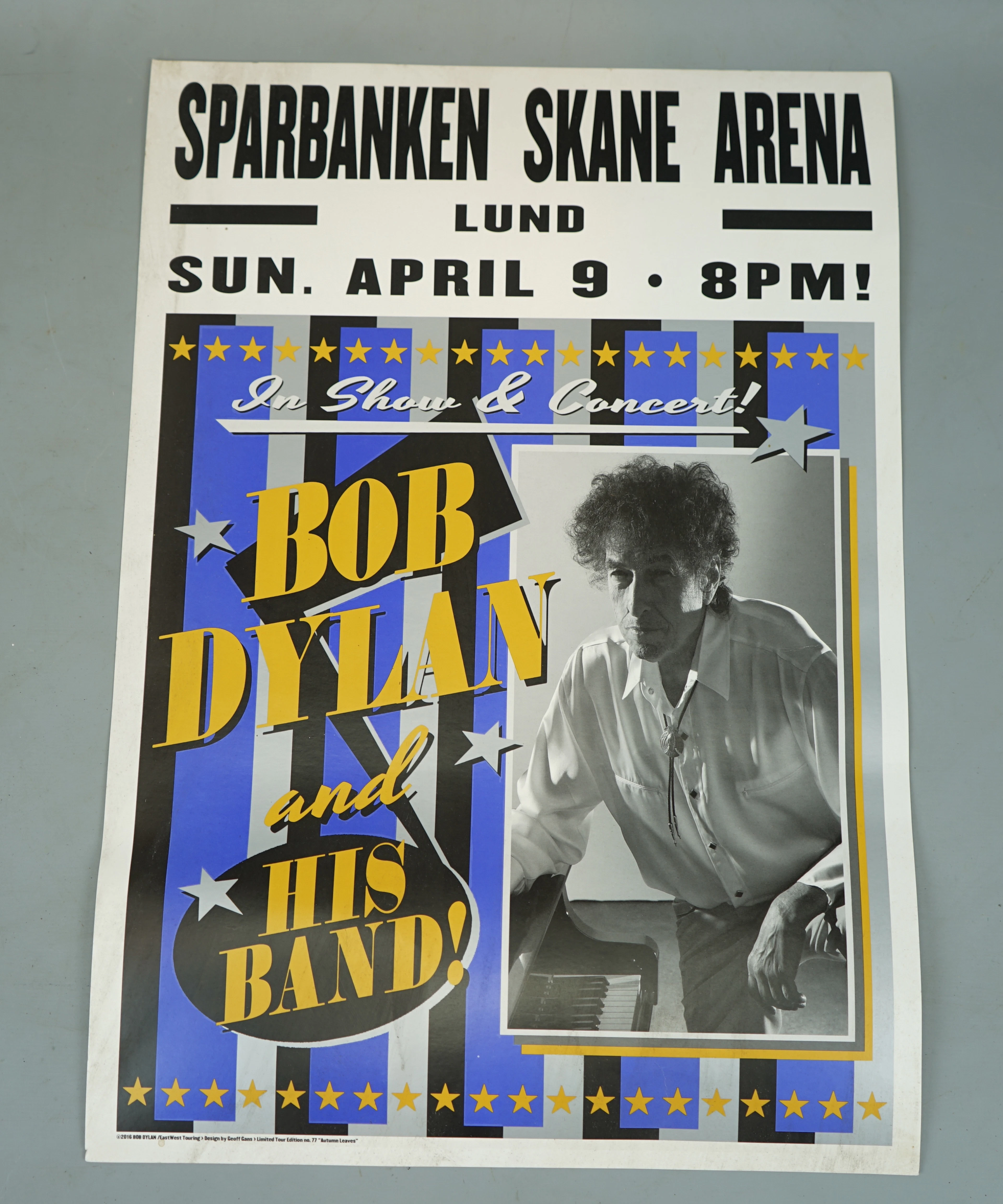 "Bob Dylan and His Band", cartel del concierto, Lund, Eastwing Tour 2016.