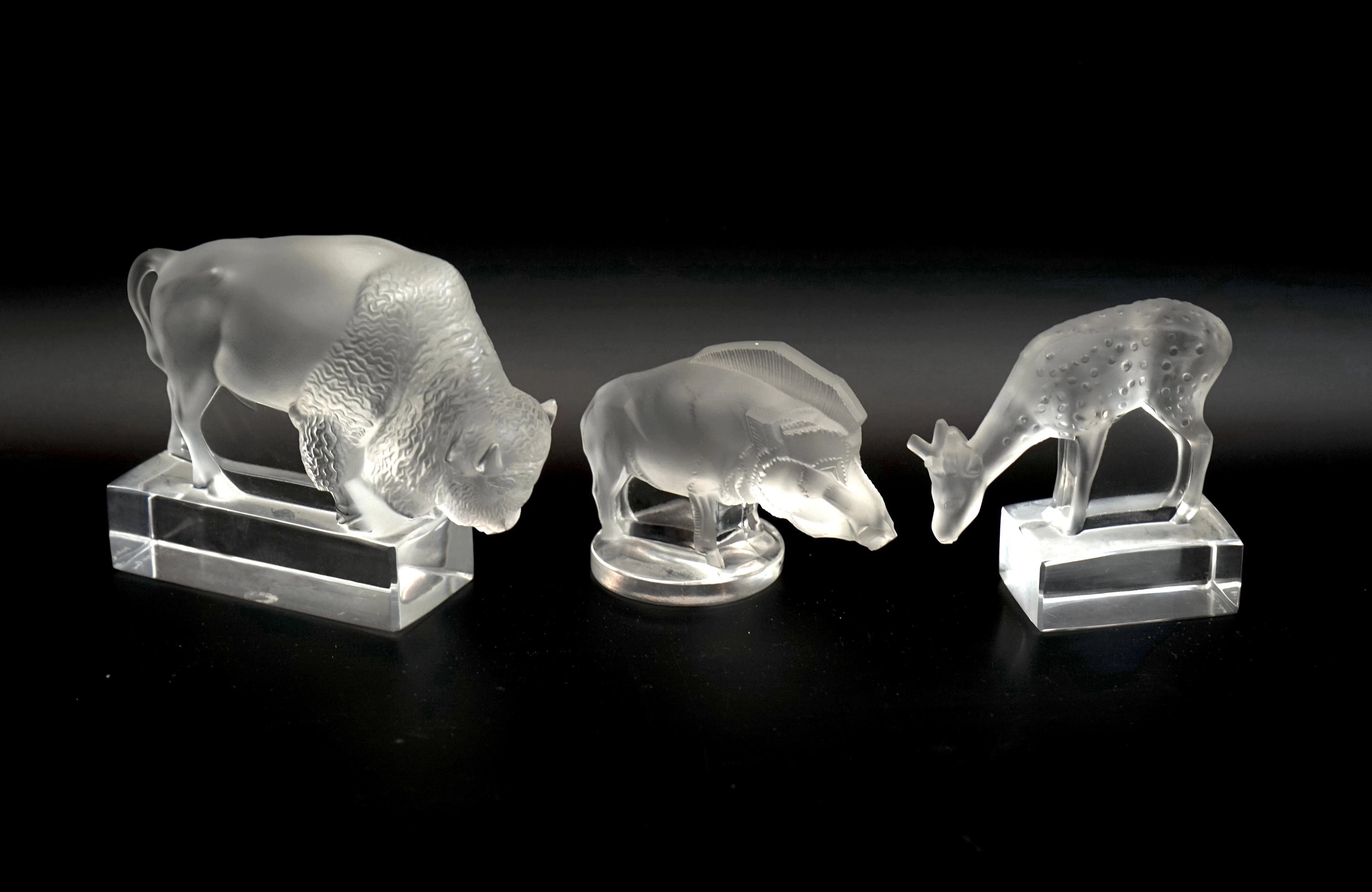 Lalique, figurine, 3 pezzi, vetro, Francia.