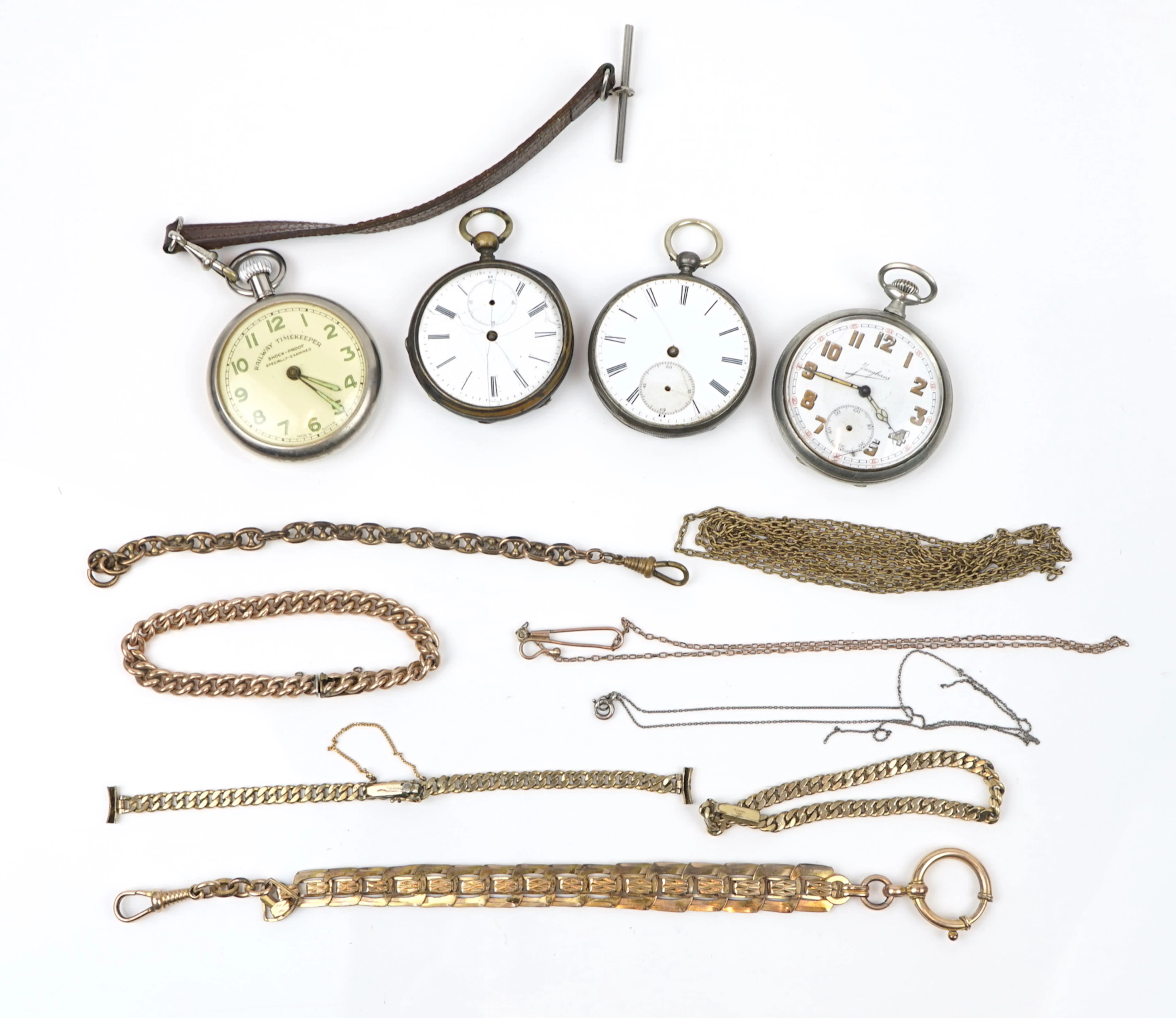 Relojes de bolsillo y cadenas, muchos, incluyendo Railway Timekeeper, Austria.