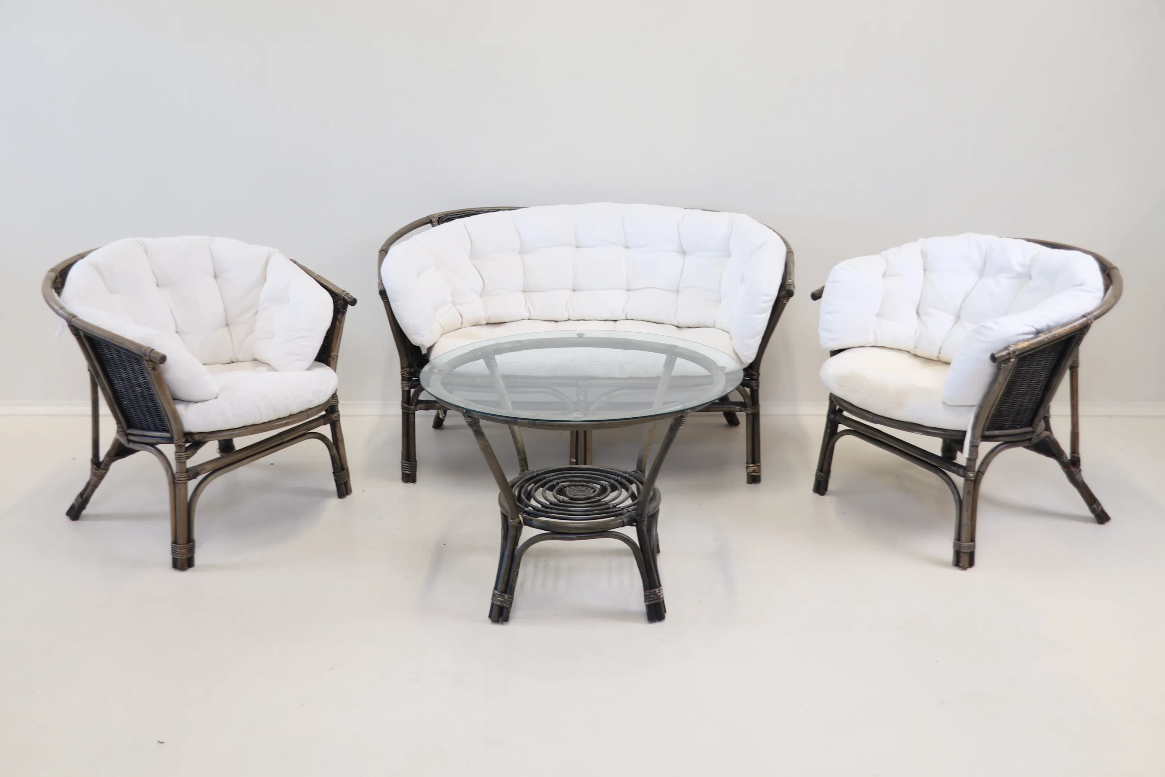 Muebles de jardín, 4 piezas, bambú/ratán, vidrio/textil.
