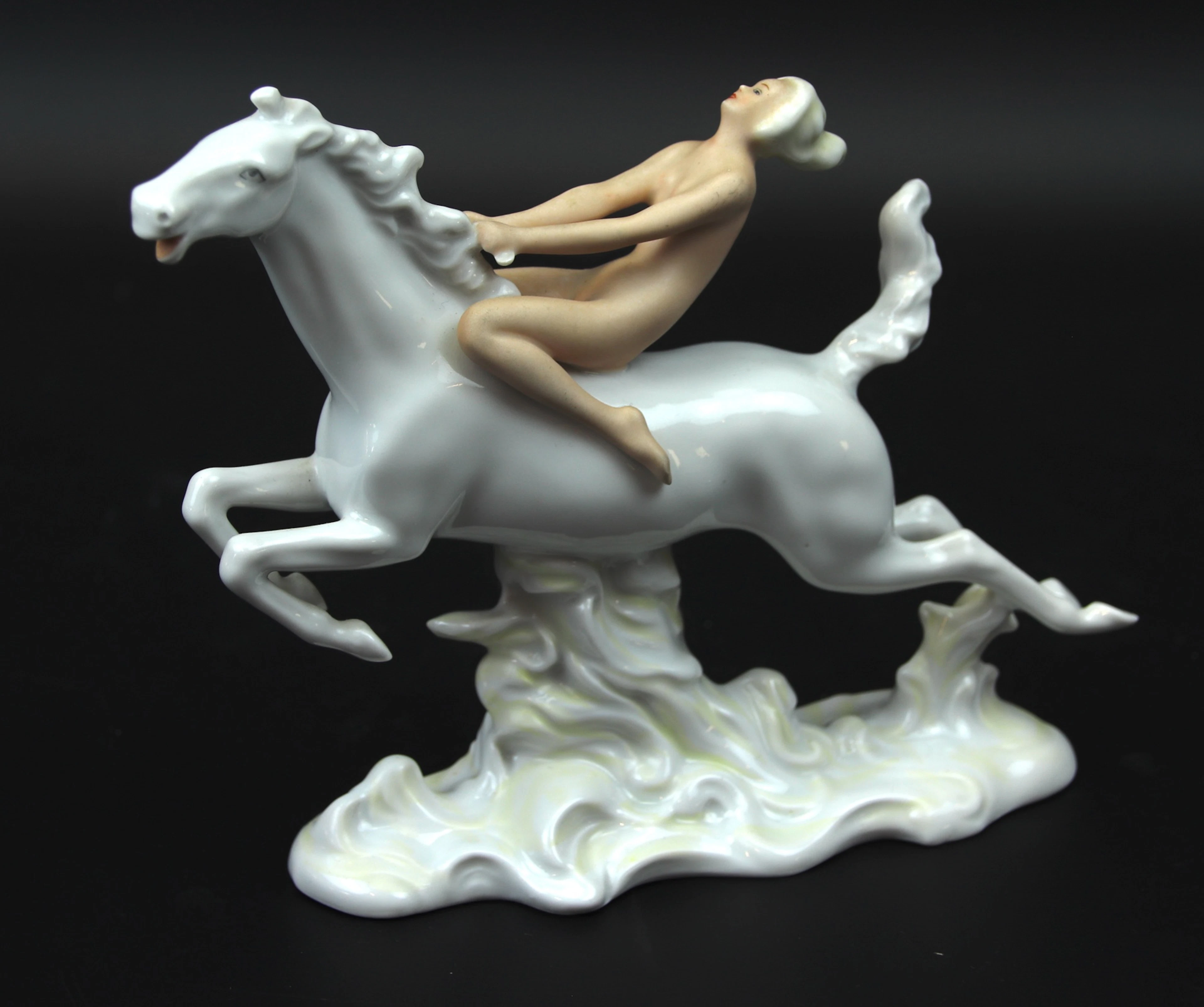 Figur, Porzellan, Frau auf Pferd, Schaubach Kunst, Deutschland.