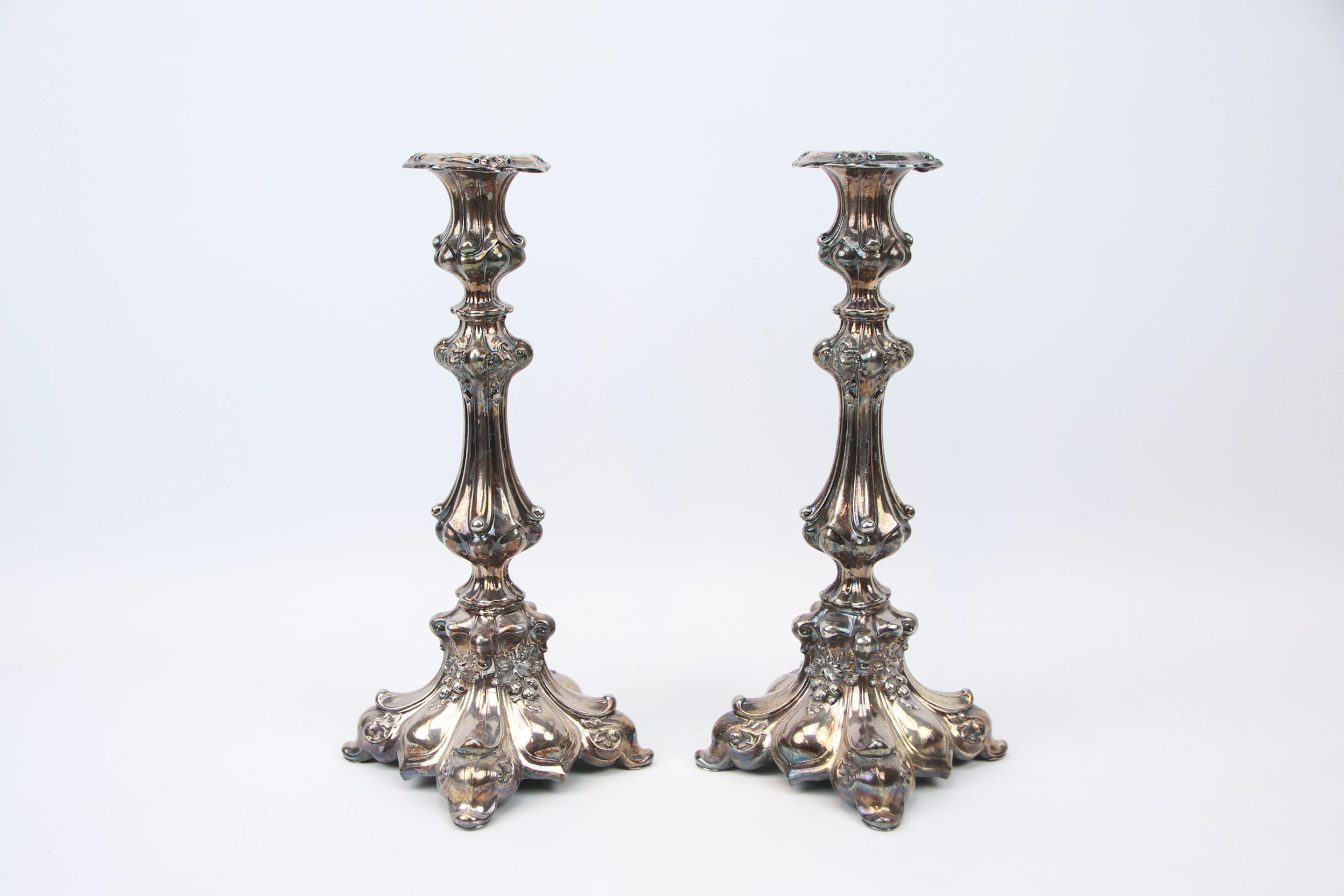 Candlesticks, a pair, nickel silver, rococo style, 1900s.