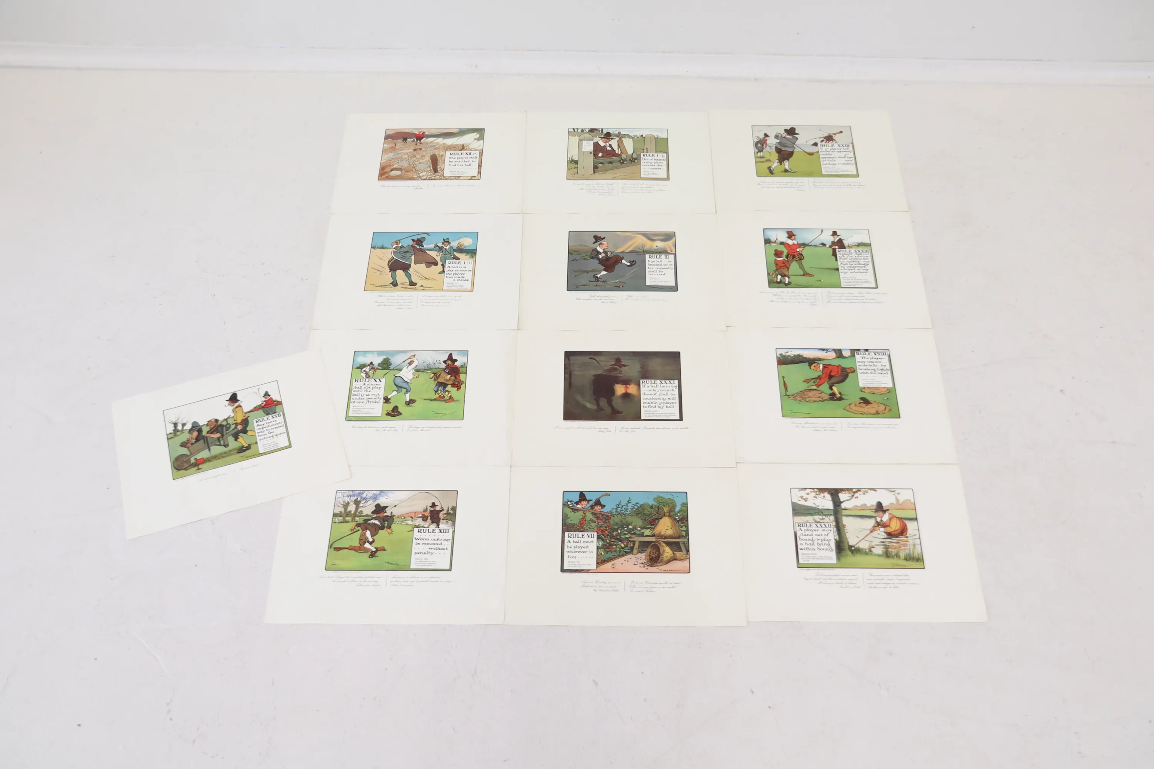 Charles Crombie, post, print, 13 pieces, "The Rules of Golf", Perrier.