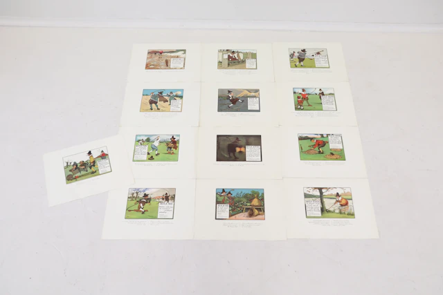 Charles Crombie, post, print, 13 pieces, "The Rules of Golf", Perrier.
