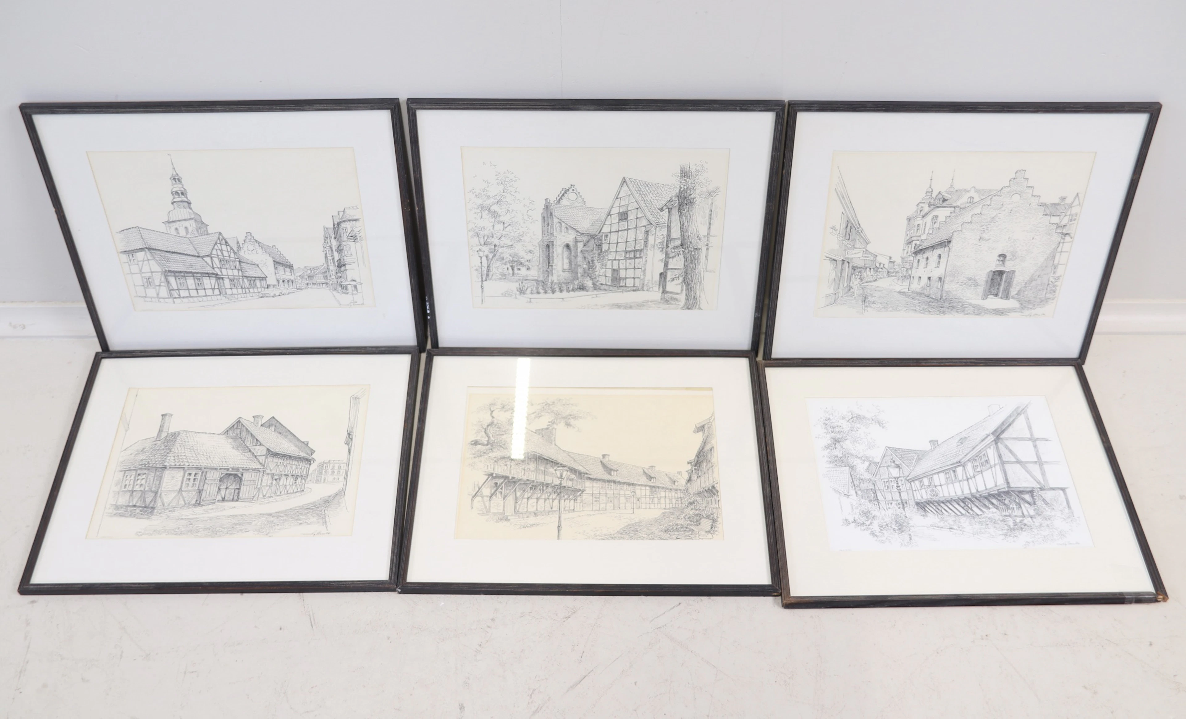 Stig Svensson, "Ystad", dibujos a tinta, 6 piezas, firmados, fechados en -76.