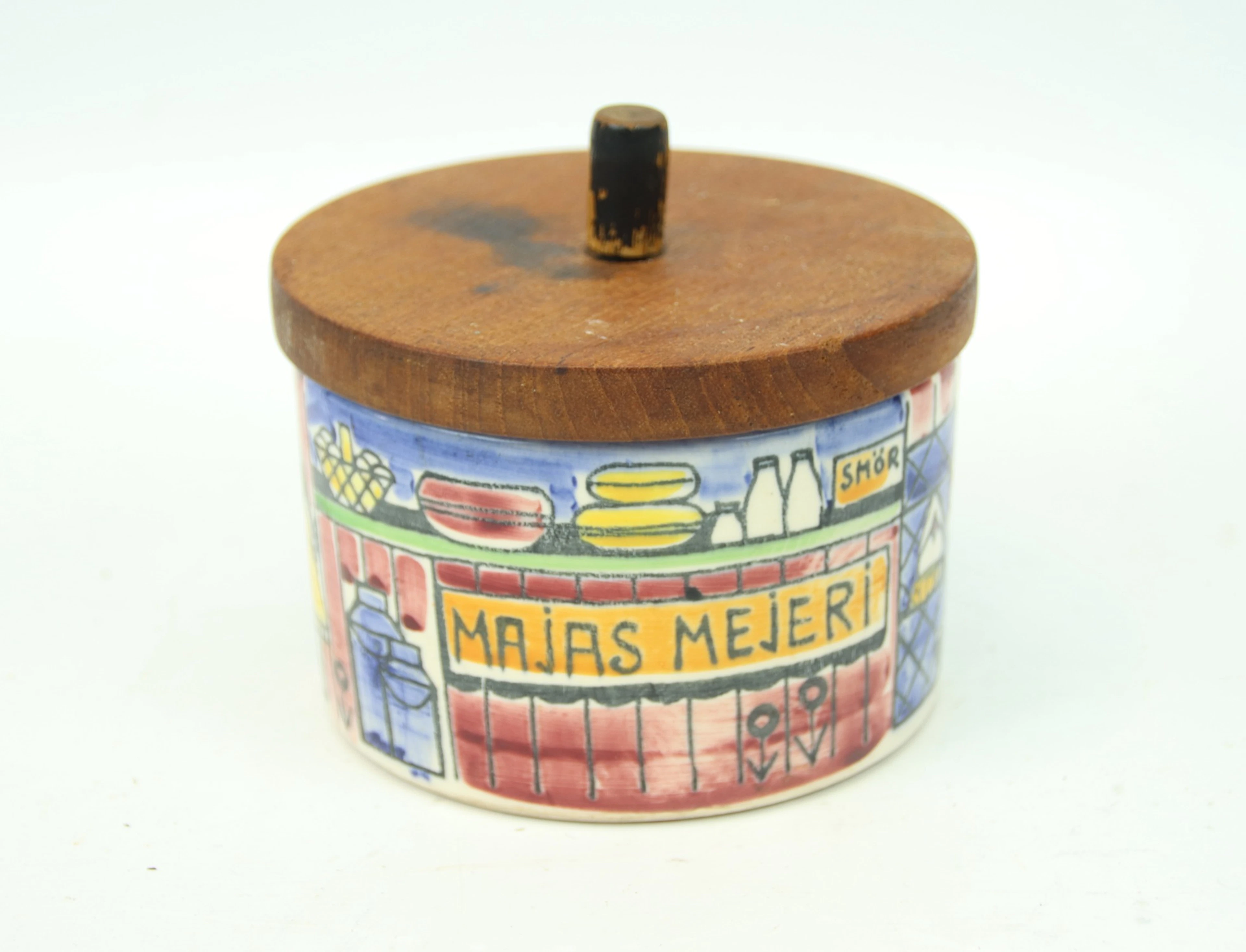 Anita Nylund, ein Glas mit Deckel, Keramik/Teak, "Majas Dairy, Uhrenserie"