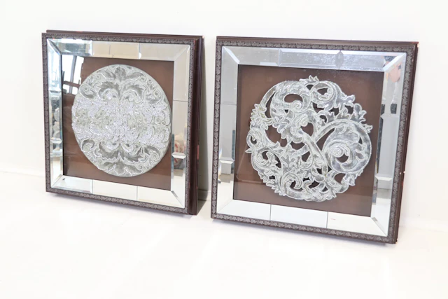 Wall decorations on concrete slab, with mirrors, 2 pcs, wooden frame.