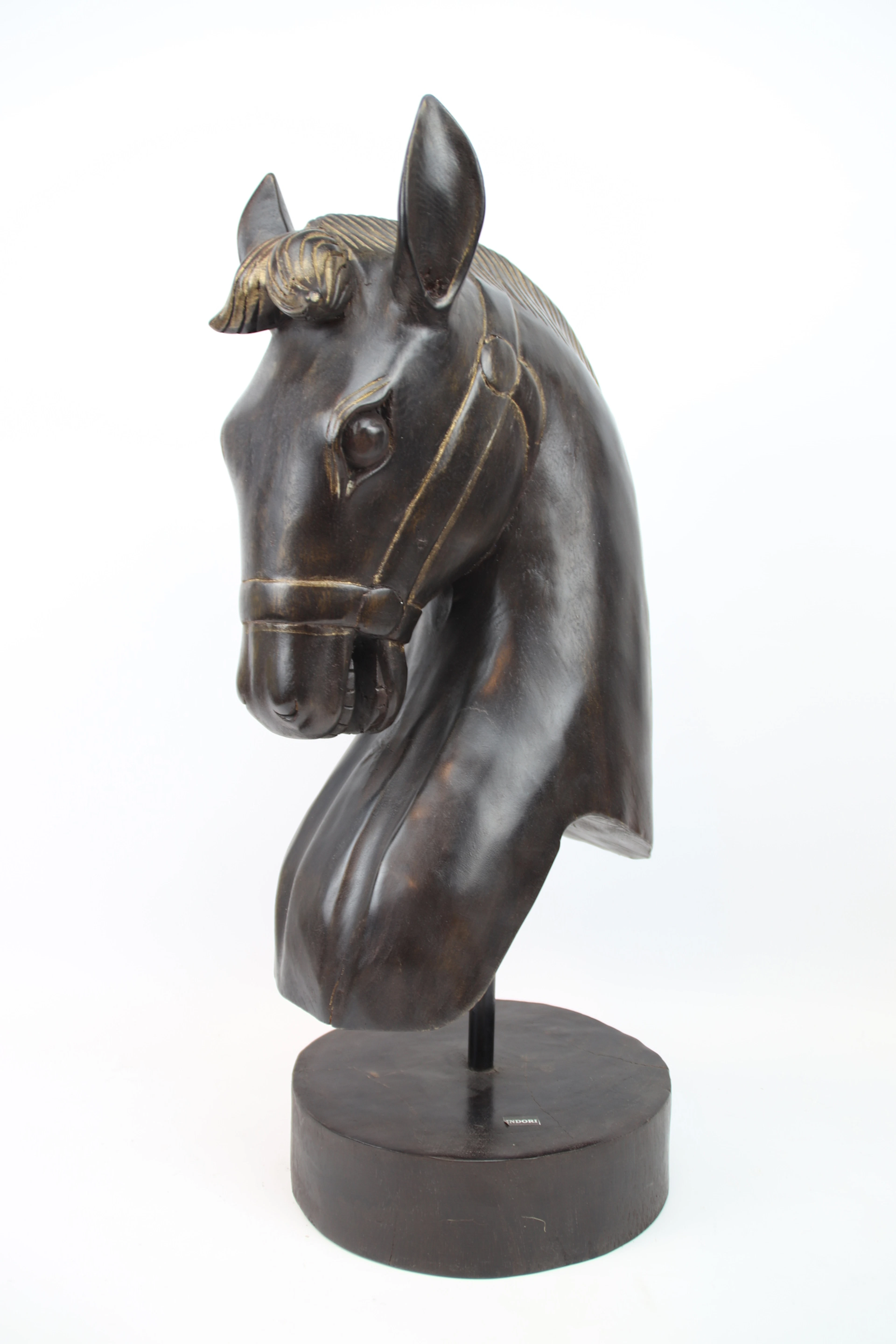 Escultura, cabeza de caballo, madera, Indori.