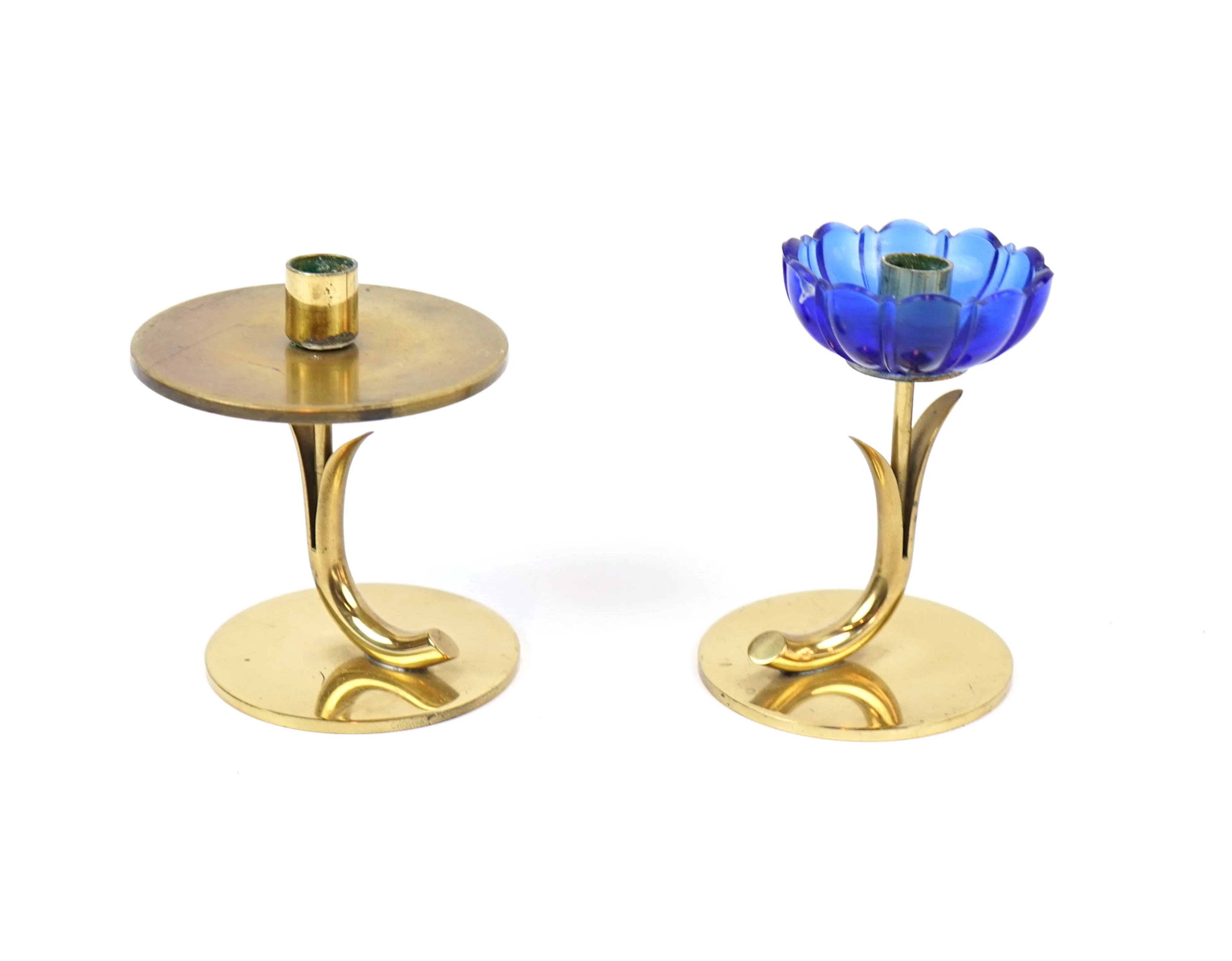 Gunnar Ander, 2 candelabri in ottone/vetro, Ystad-Metall.