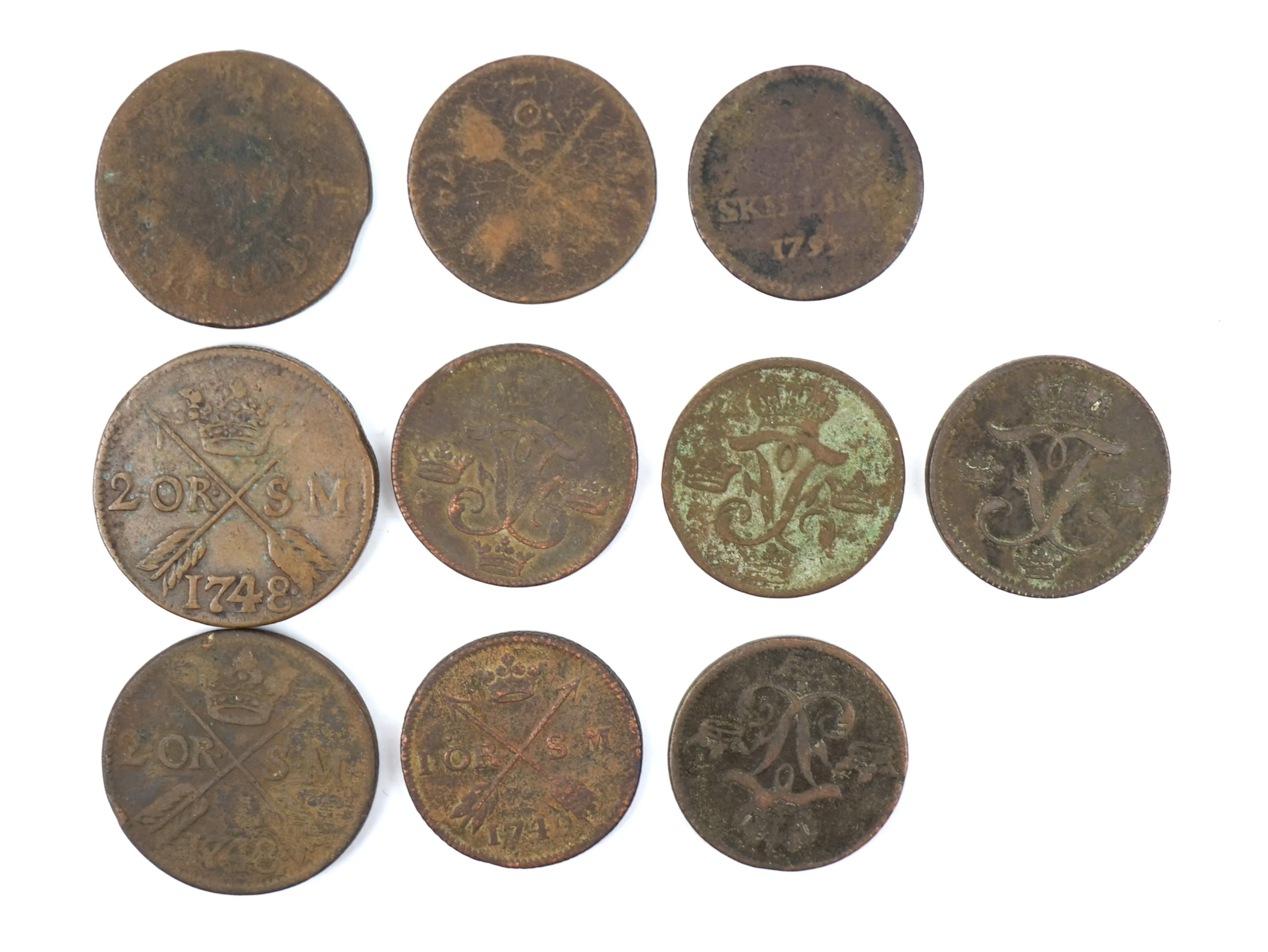 Münzen, 10 Stück, Schweden, 1700er Jahre.