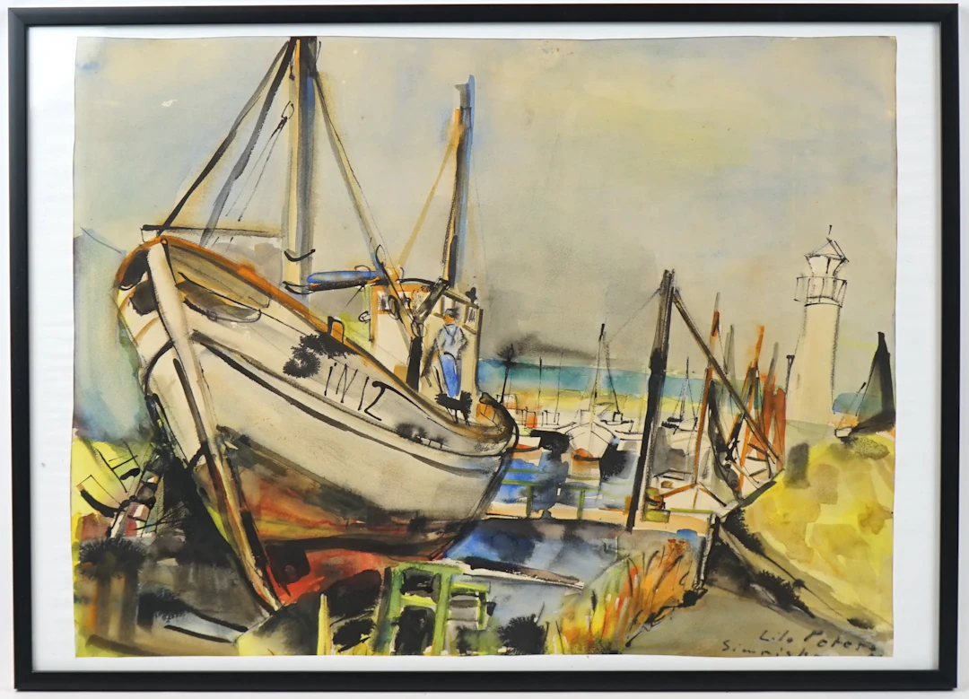 Lilo Peters, ''Simrishamn'', acuarela, firmada.
