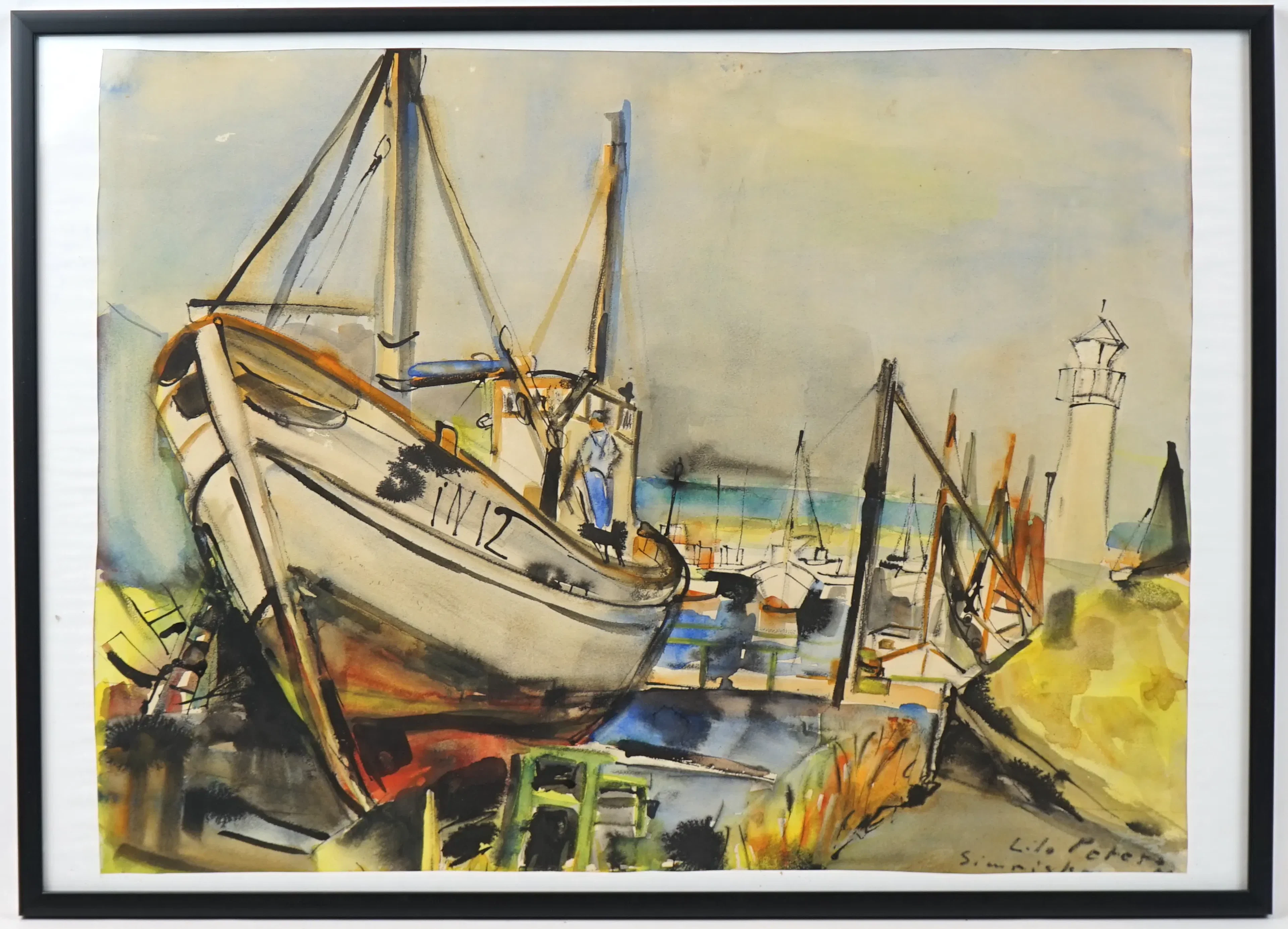 Lilo Peters, ''Simrishamn'', acuarela, firmada.