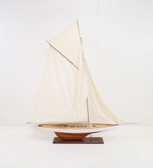 Model boat, wood/textile/metal.