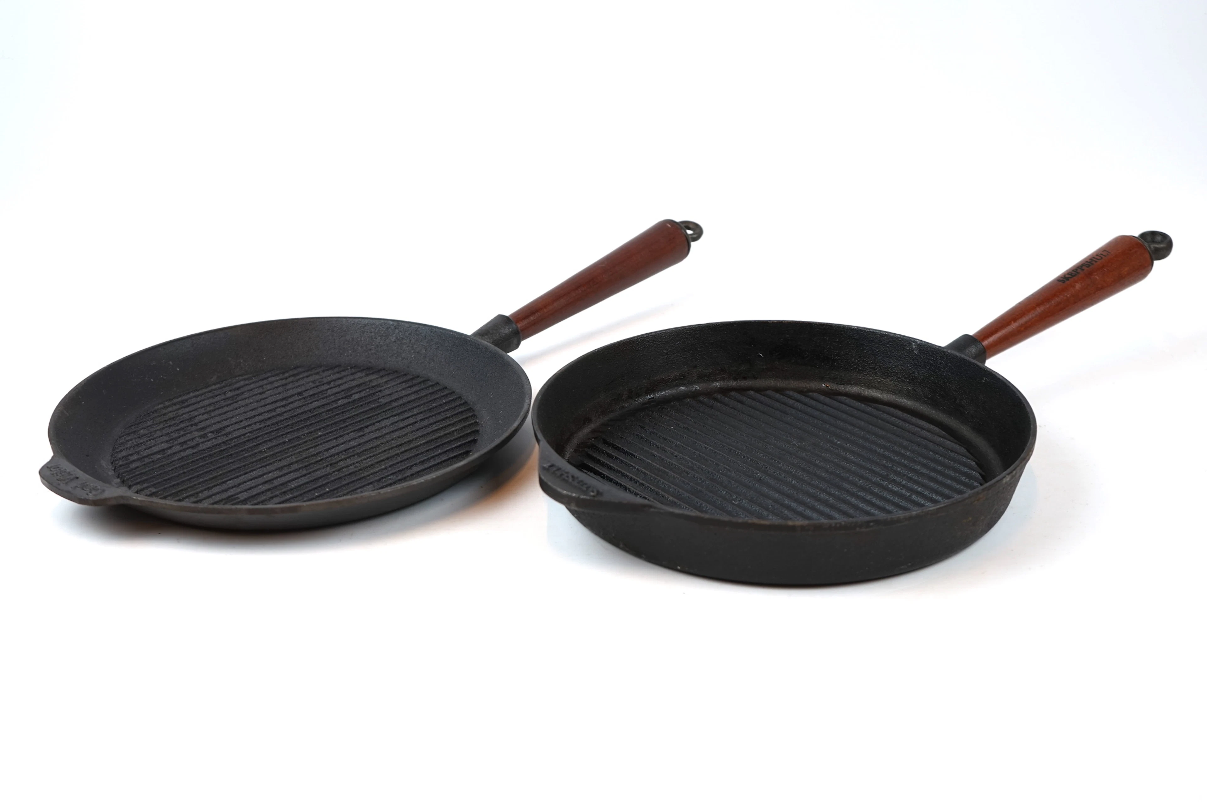 Poêles à grill, 2 pièces, fonte/bois, Carl Victor et Skeppshult.