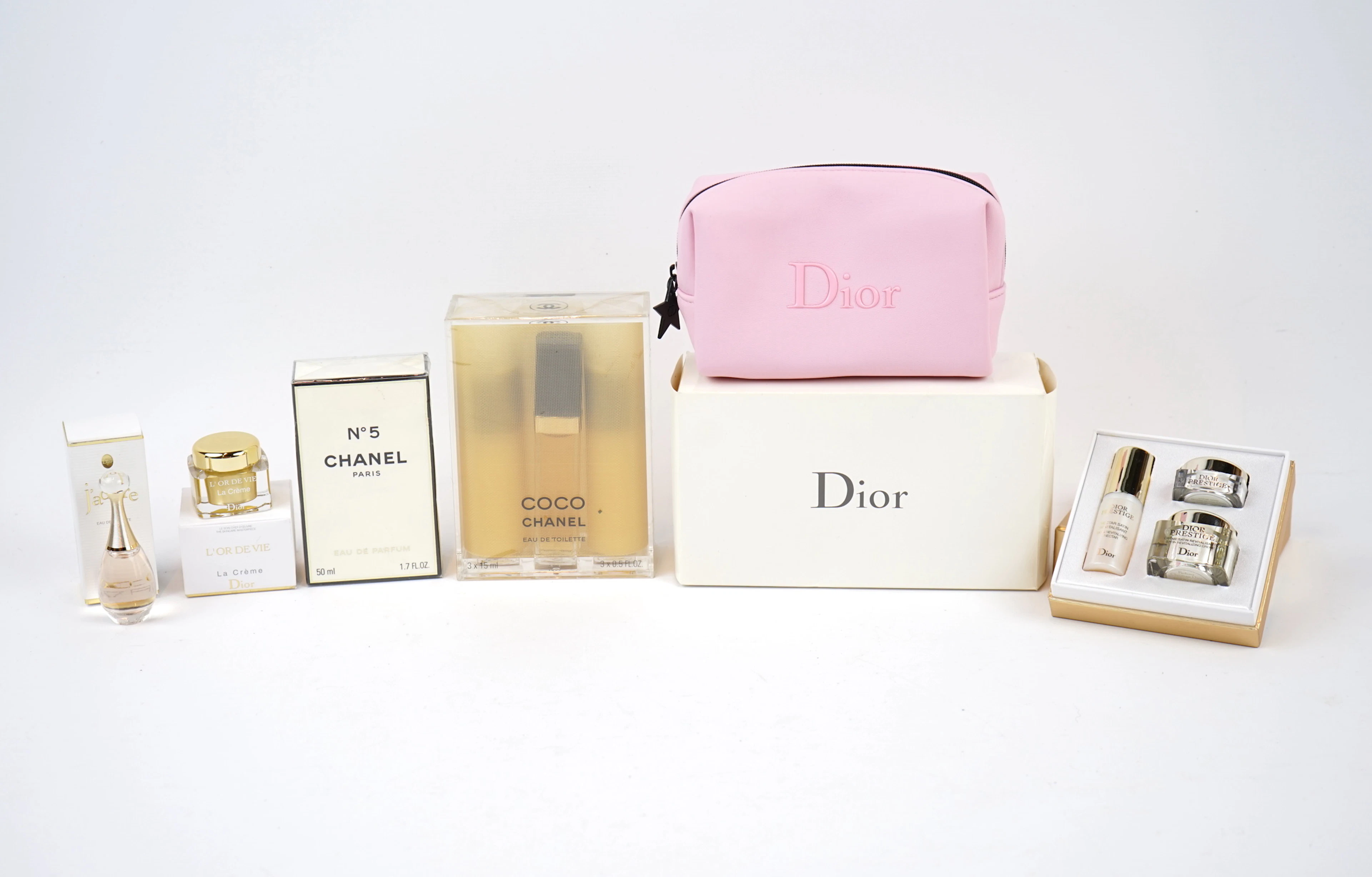 Chanel et Dior, parfums, soins de la peau et sac, 8 pièces, 2 flacons de parfum