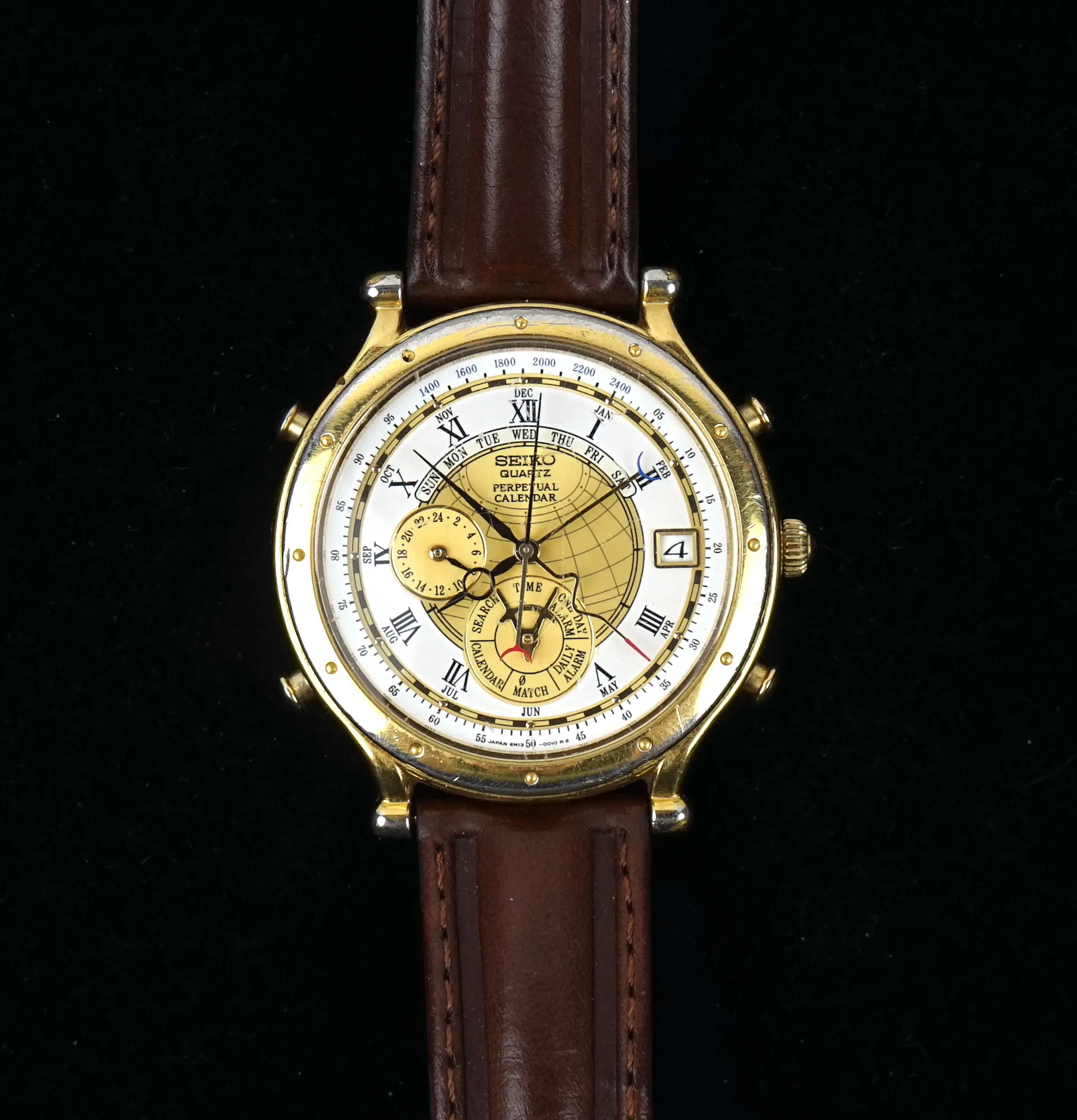 Seiko Perpetual Calendar, orologio da polso, quarzo, acciaio, braccialetto di pelle.