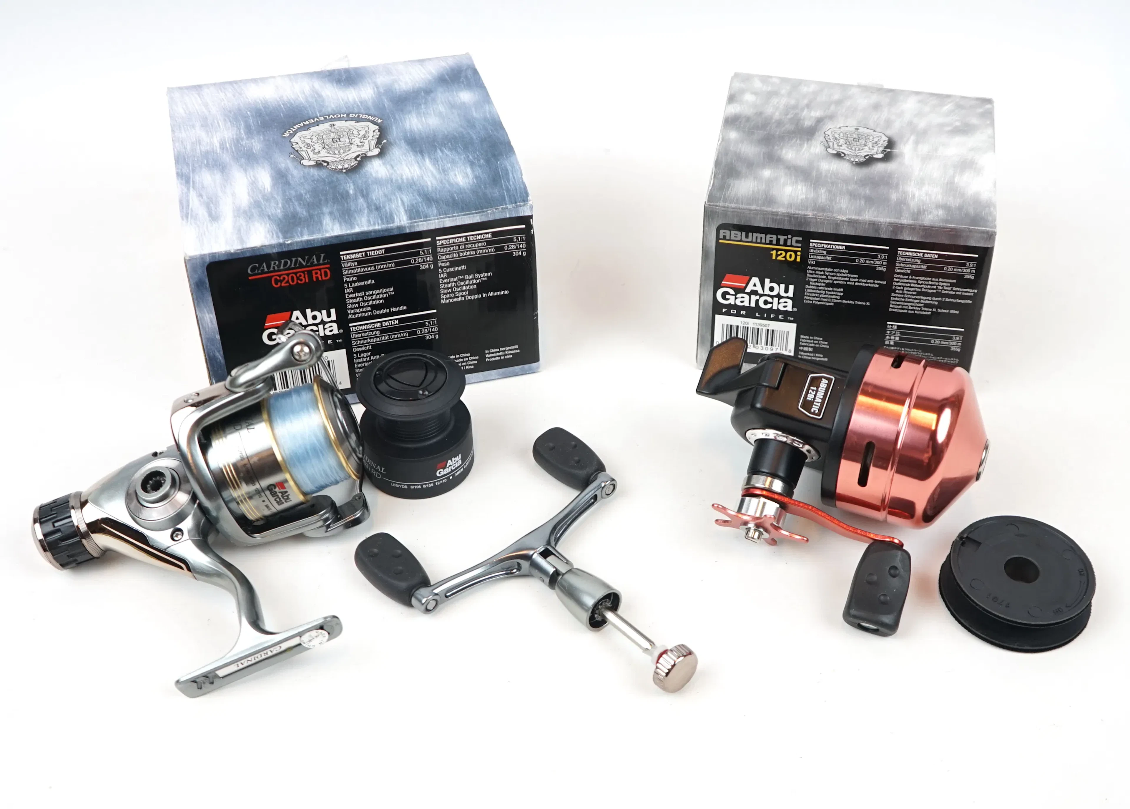 Mulinelli da pesca, 2 pezzi, Abu Gracia Cardinal 203i RD e Abumatic 120i.