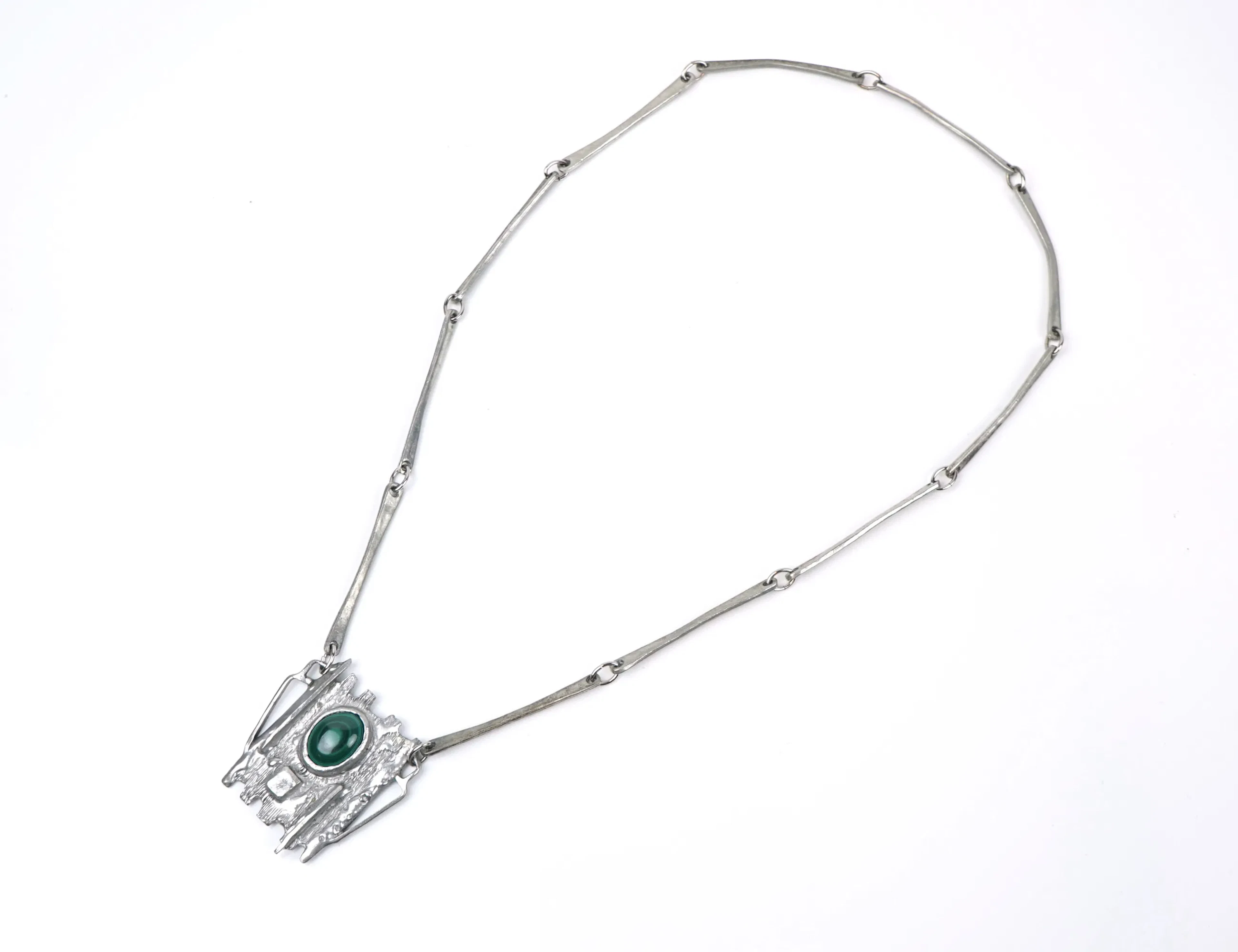 Necklace, pewter with malachite.