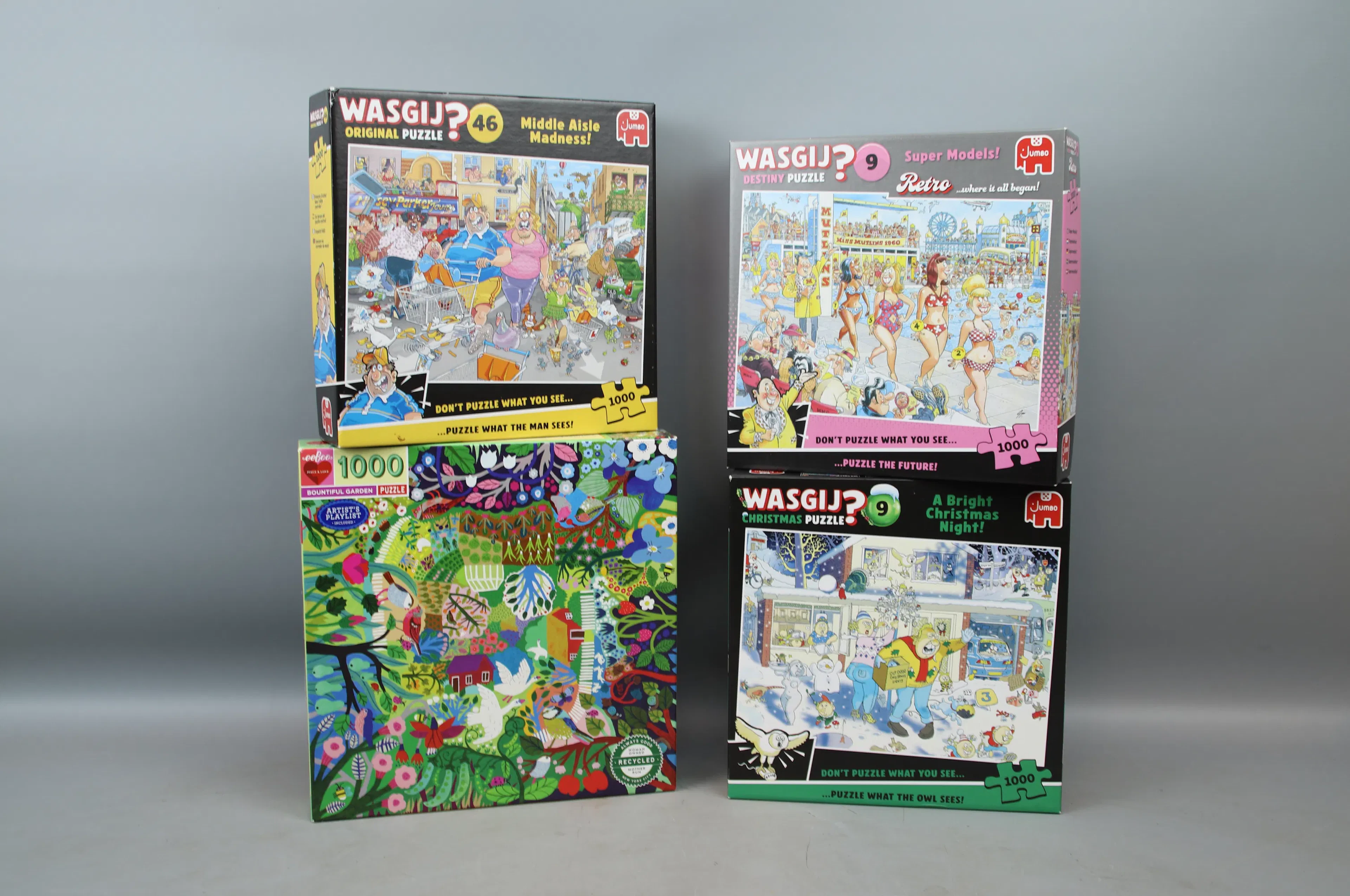 Puzzles, 4 pieces of 1000 pieces, including Wasgij.