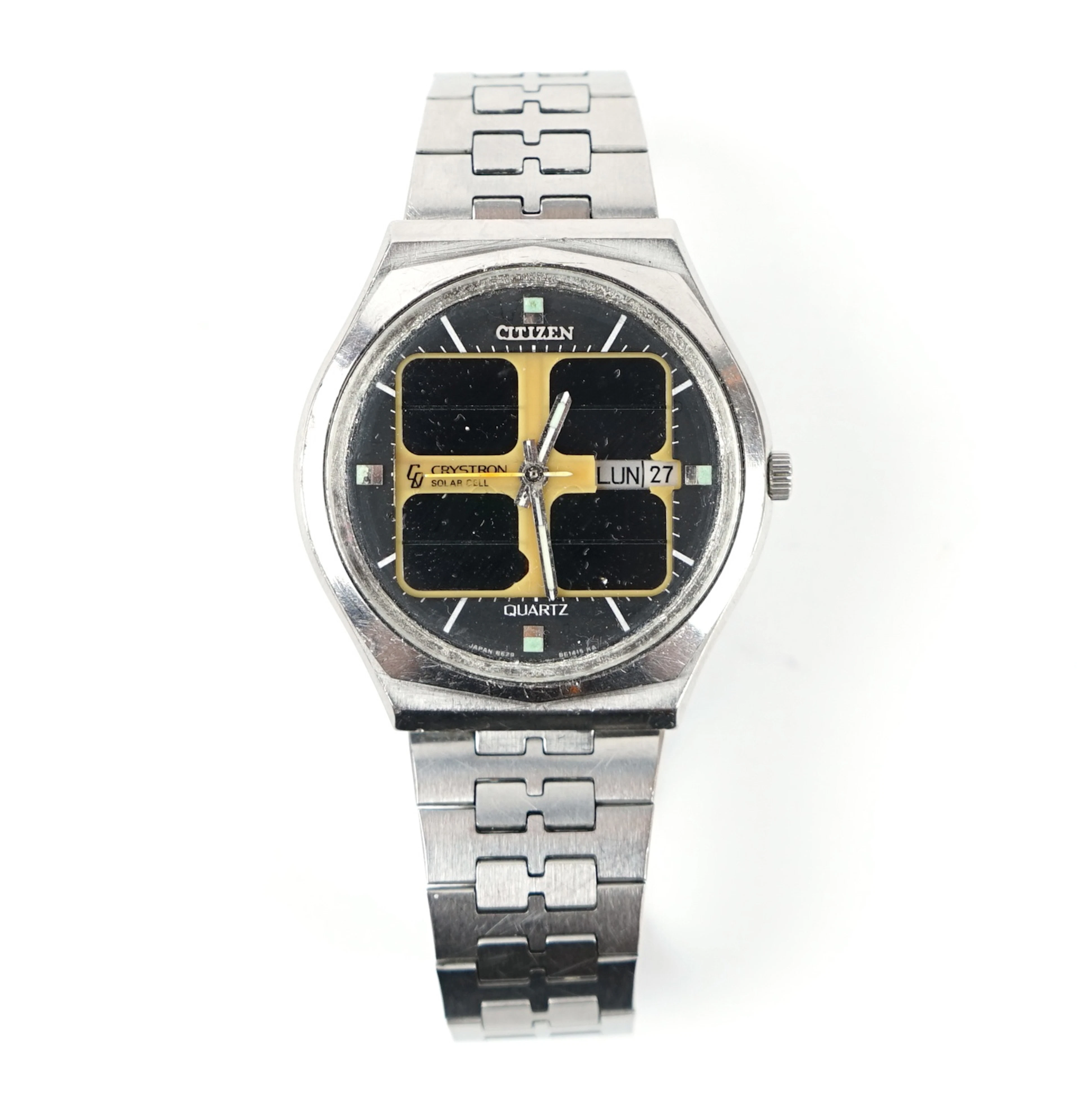 Citizen Crystron Solar Cell, reloj de pulsera, para hombres, acero, cuarzo, Japón, 1976.