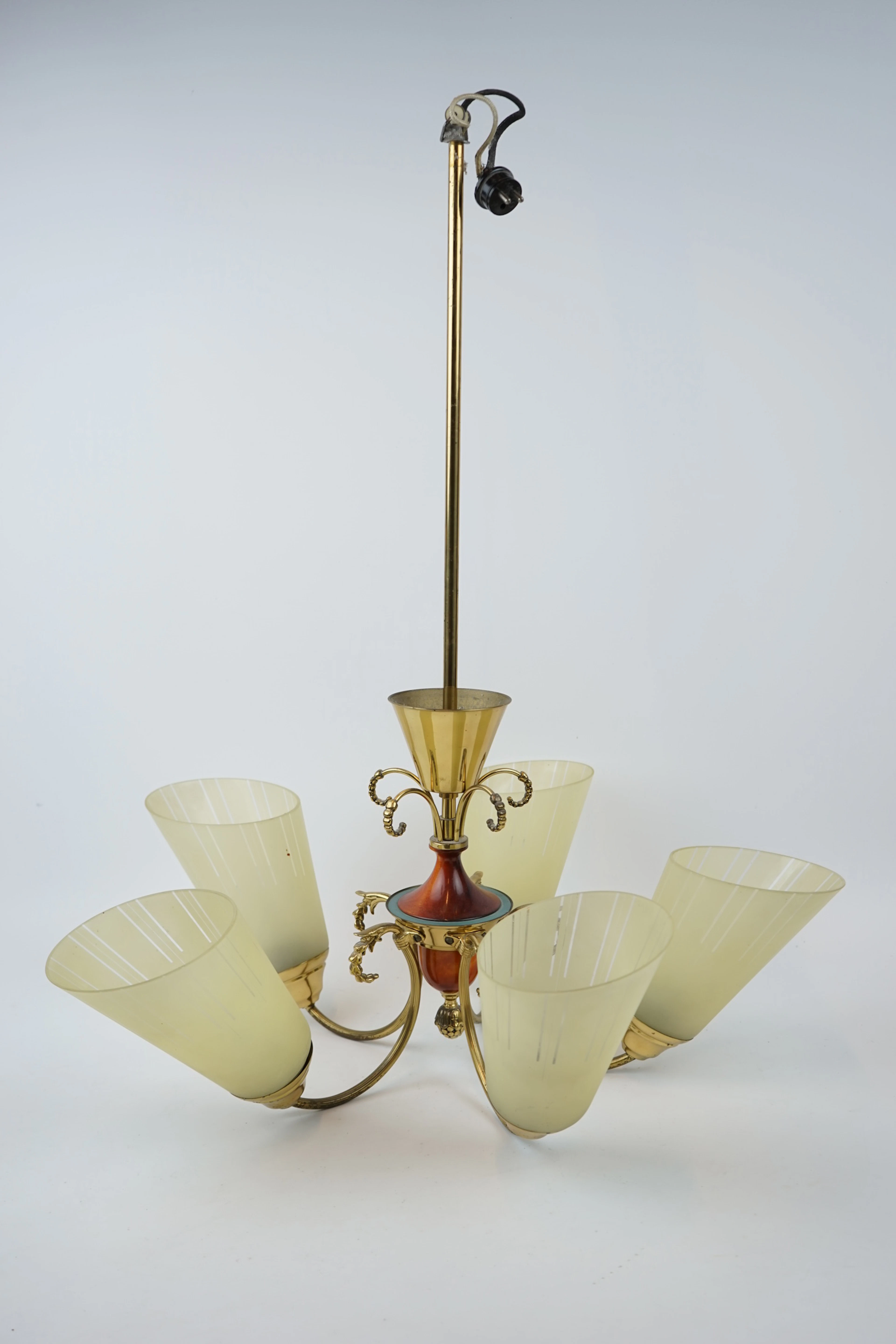 Chandelier, 5 light points, metal/wood/glass.