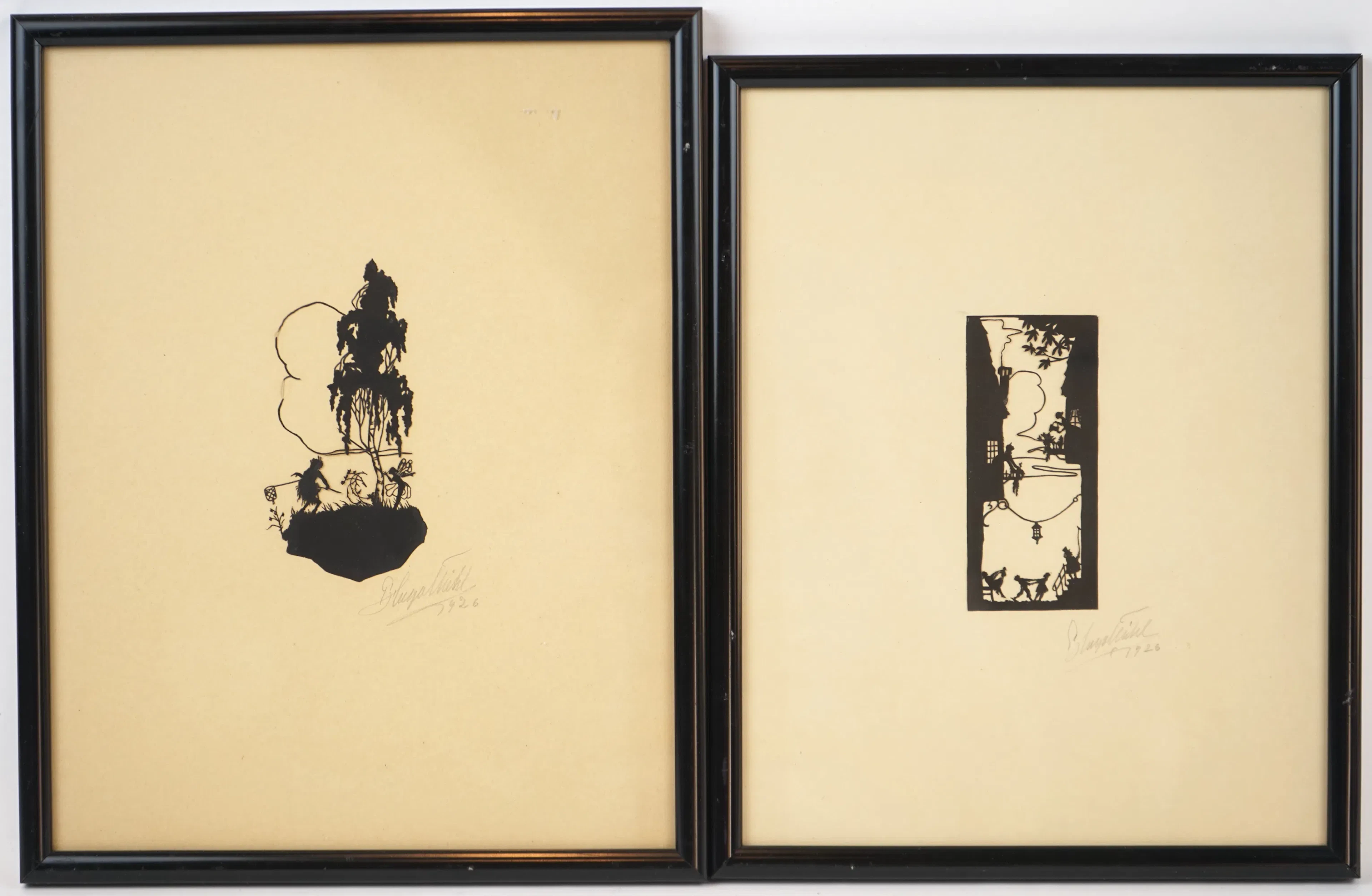 Artista no identificado, pinturas en silueta, 2 piezas, firmadas, 1926.