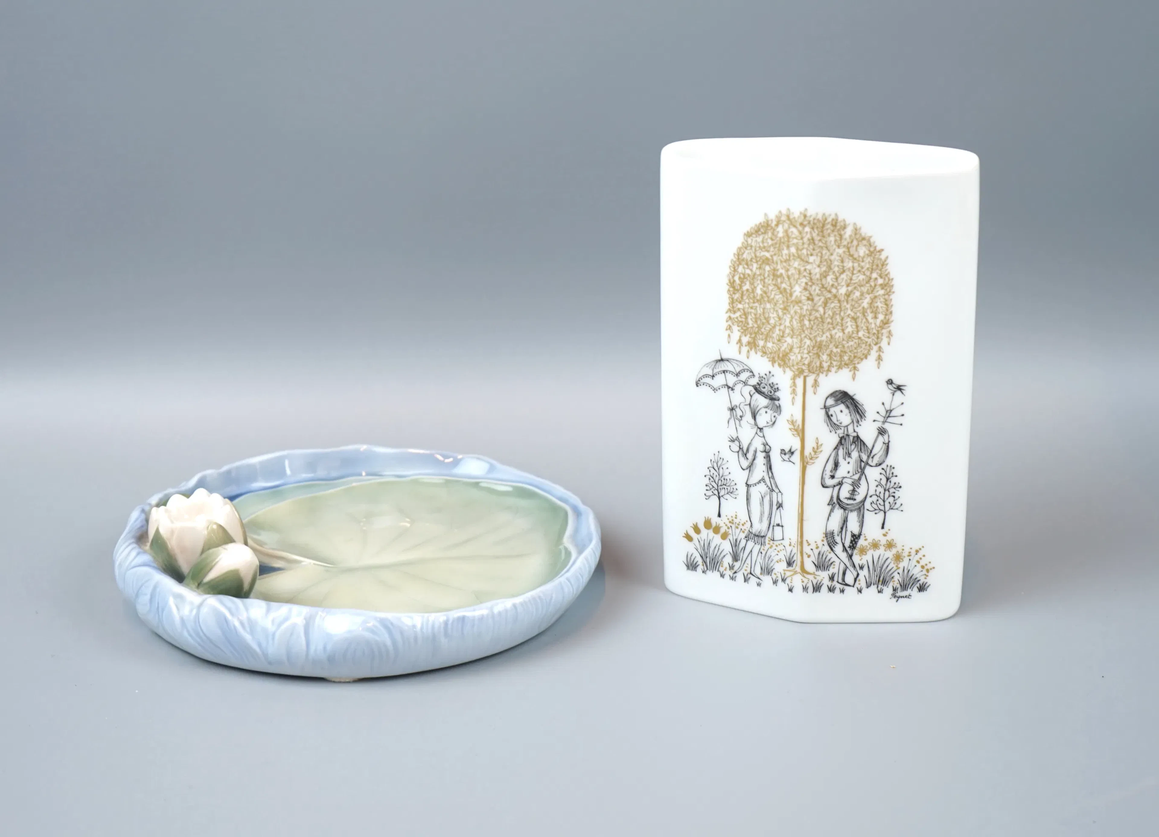 Platillo y jarrón, porcelana, Svend Jeperson, Bing & Gröndahl y Raymond
