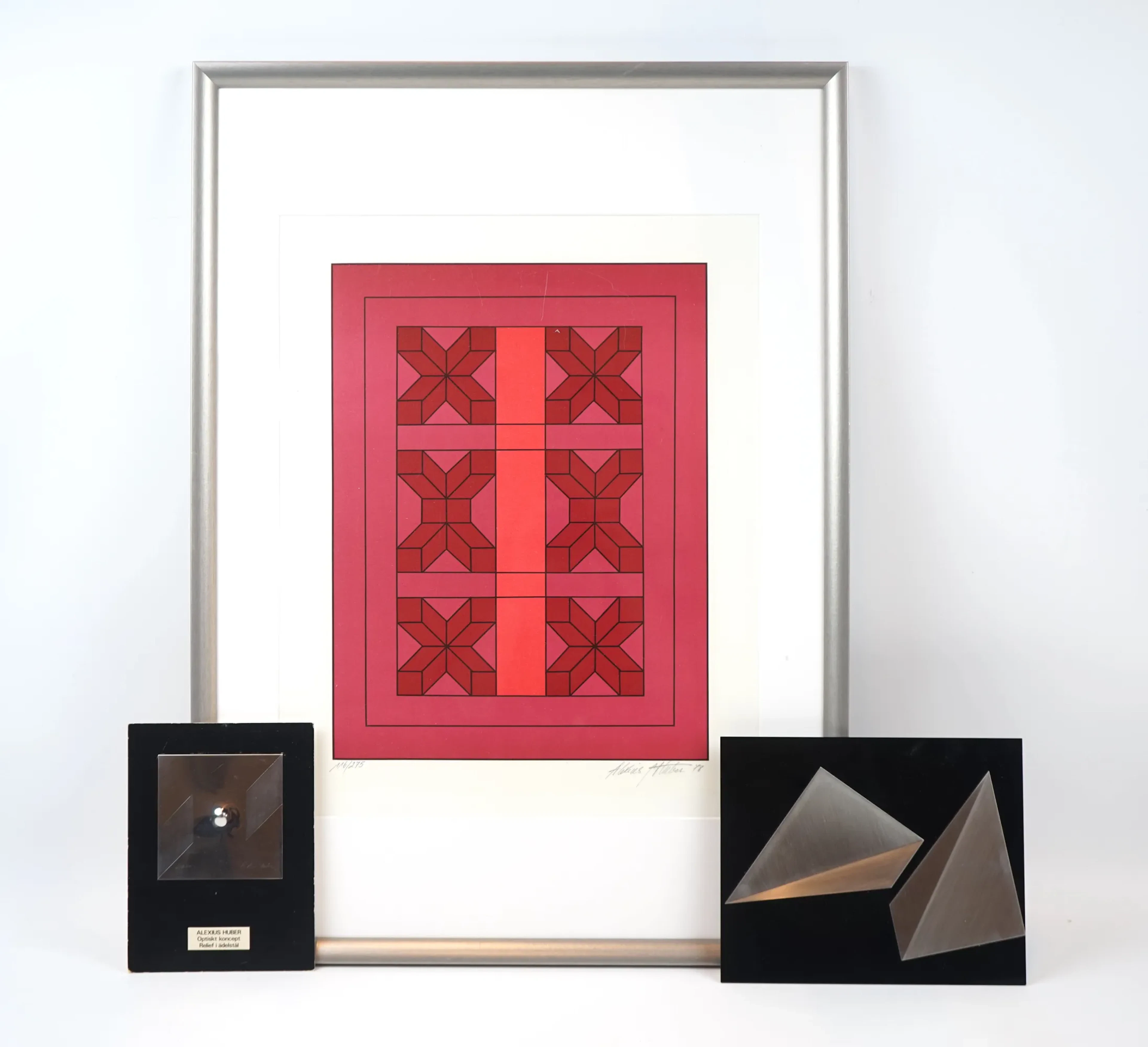 Alexius Huber, lithography and mixed media/metal, 3 pcs, 2 pcs signed.