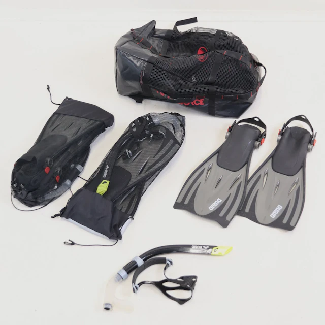 Flippers, 3 pairs, 3 snorkels, 1 pair of swimming goggles and a bag.