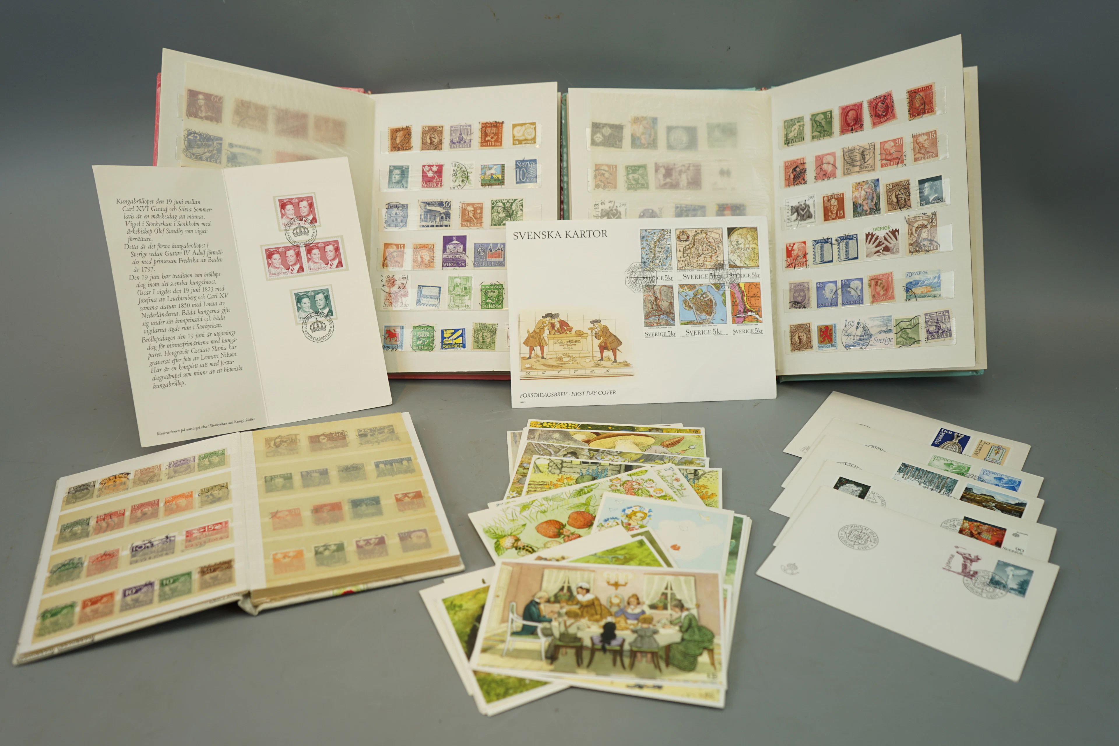 Stamps (Sweden), first-day letters, Elsa Beskow postcards, a batch.