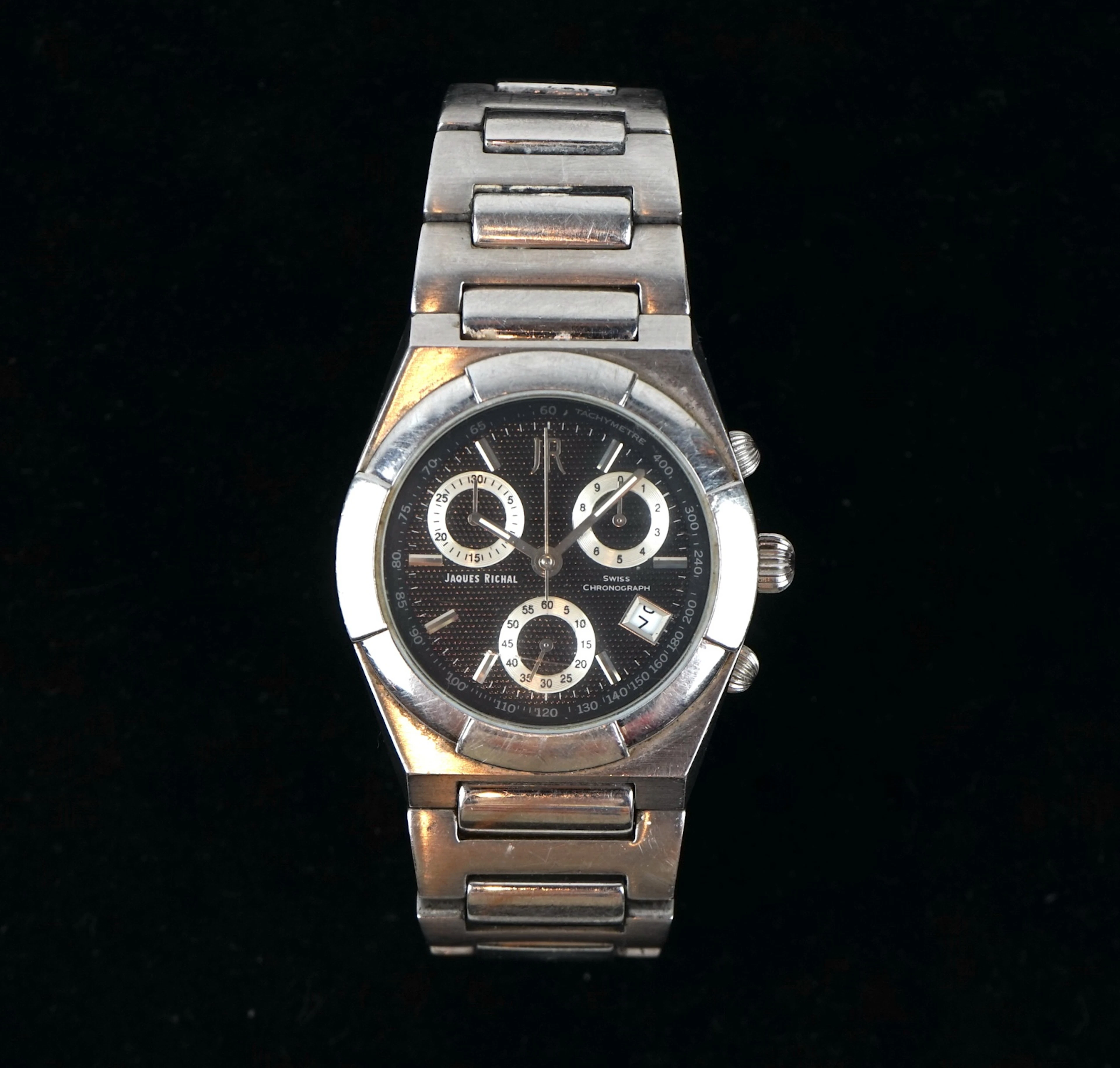 Reloj de pulsera, Jacques Richal, cronógrafo suizo, metal, cuarzo.