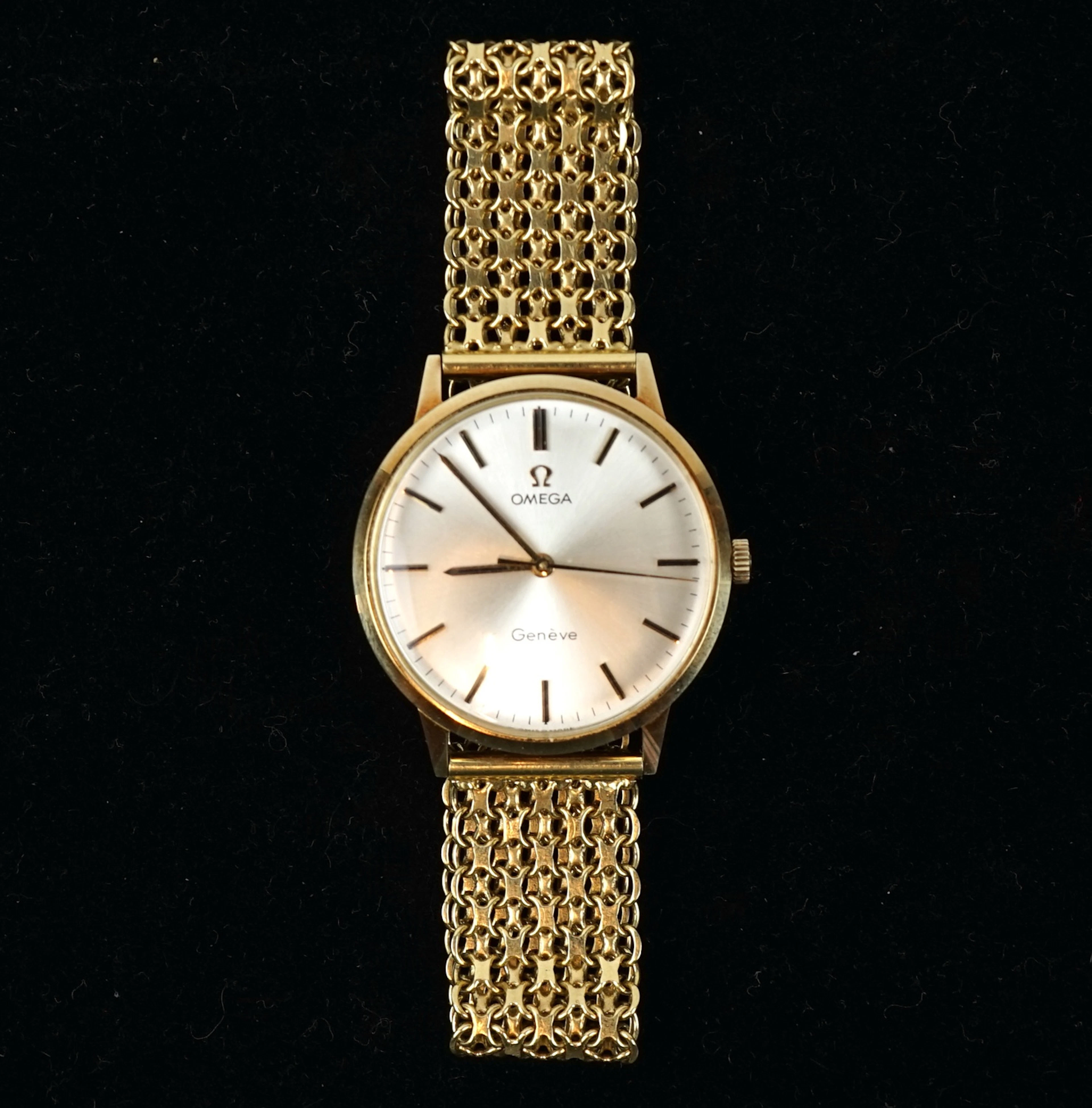 Omega Geneva, reloj de pulsera manual, oro 14 quilates, Link en oro de 18 quilates, plexiglás