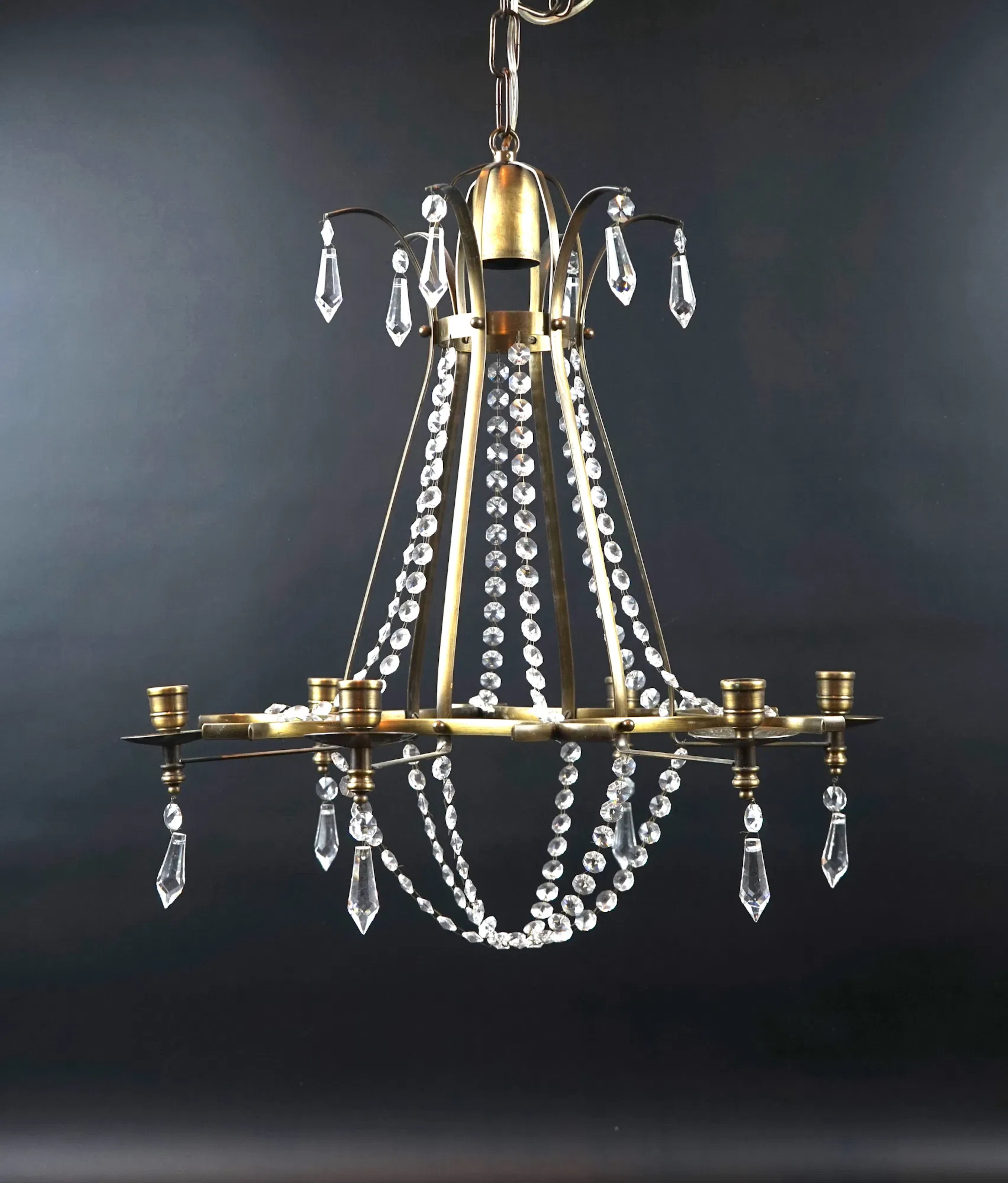 Kronleuchter, 7 Lichtquellen, Messing/Glas.