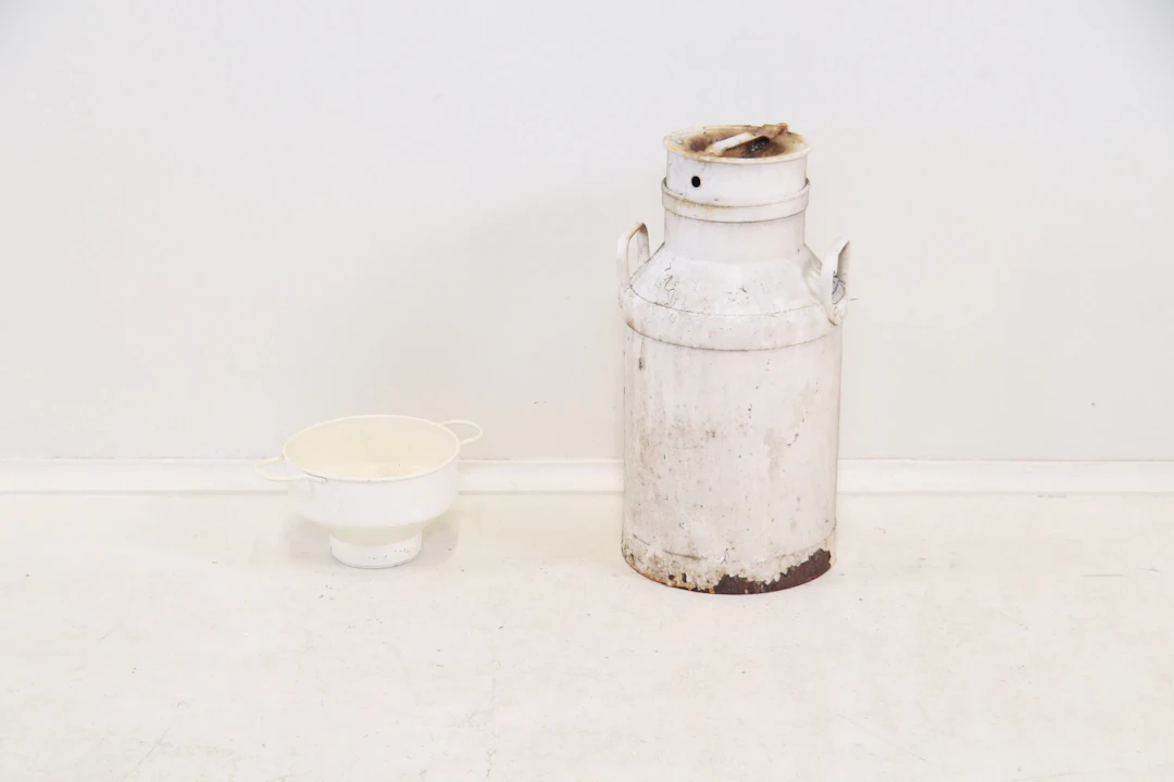 Milk jug and milk strainer, metal.