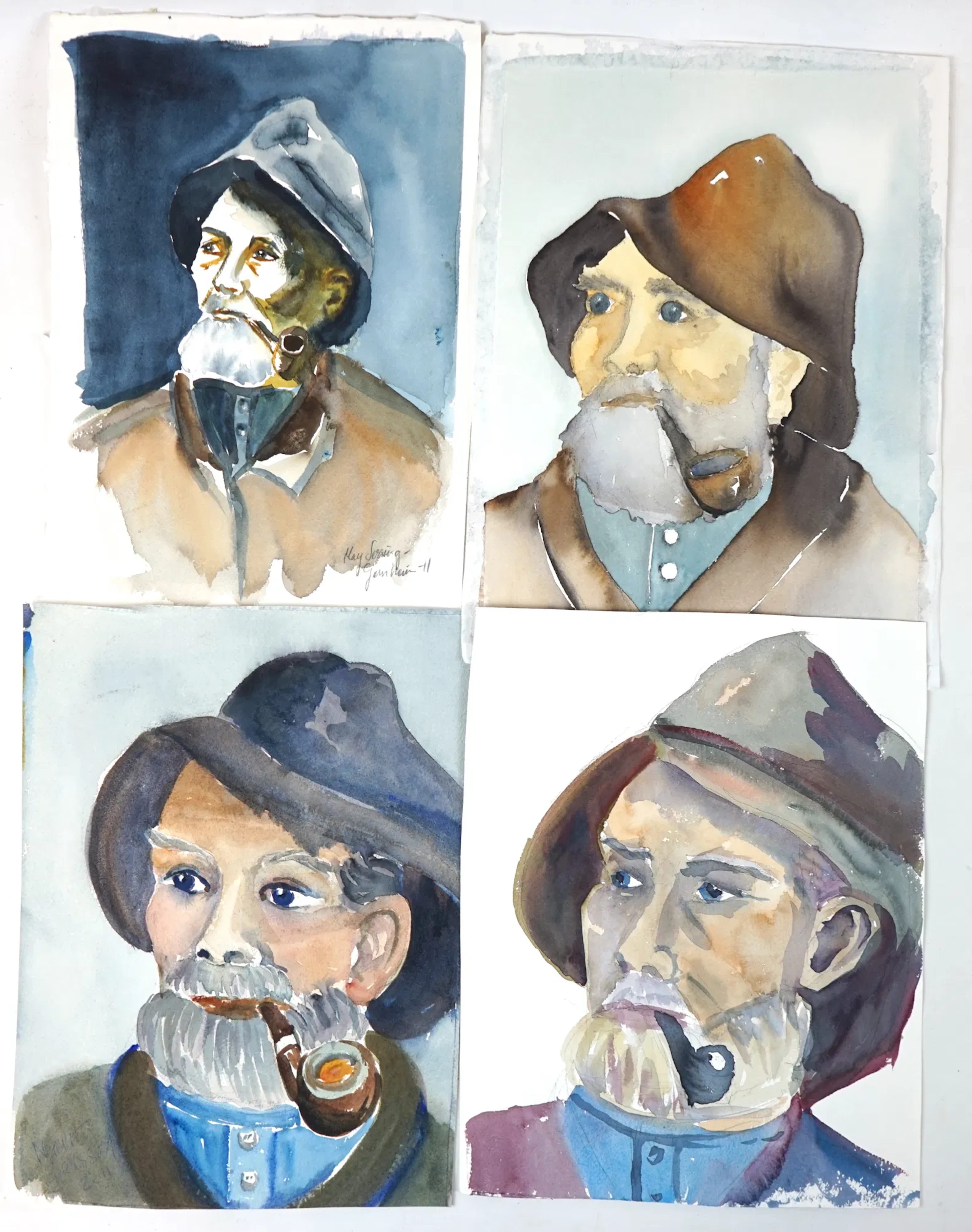 Artista non identificato, acquerello, 4 pezzi, 3 pezzi firmati.