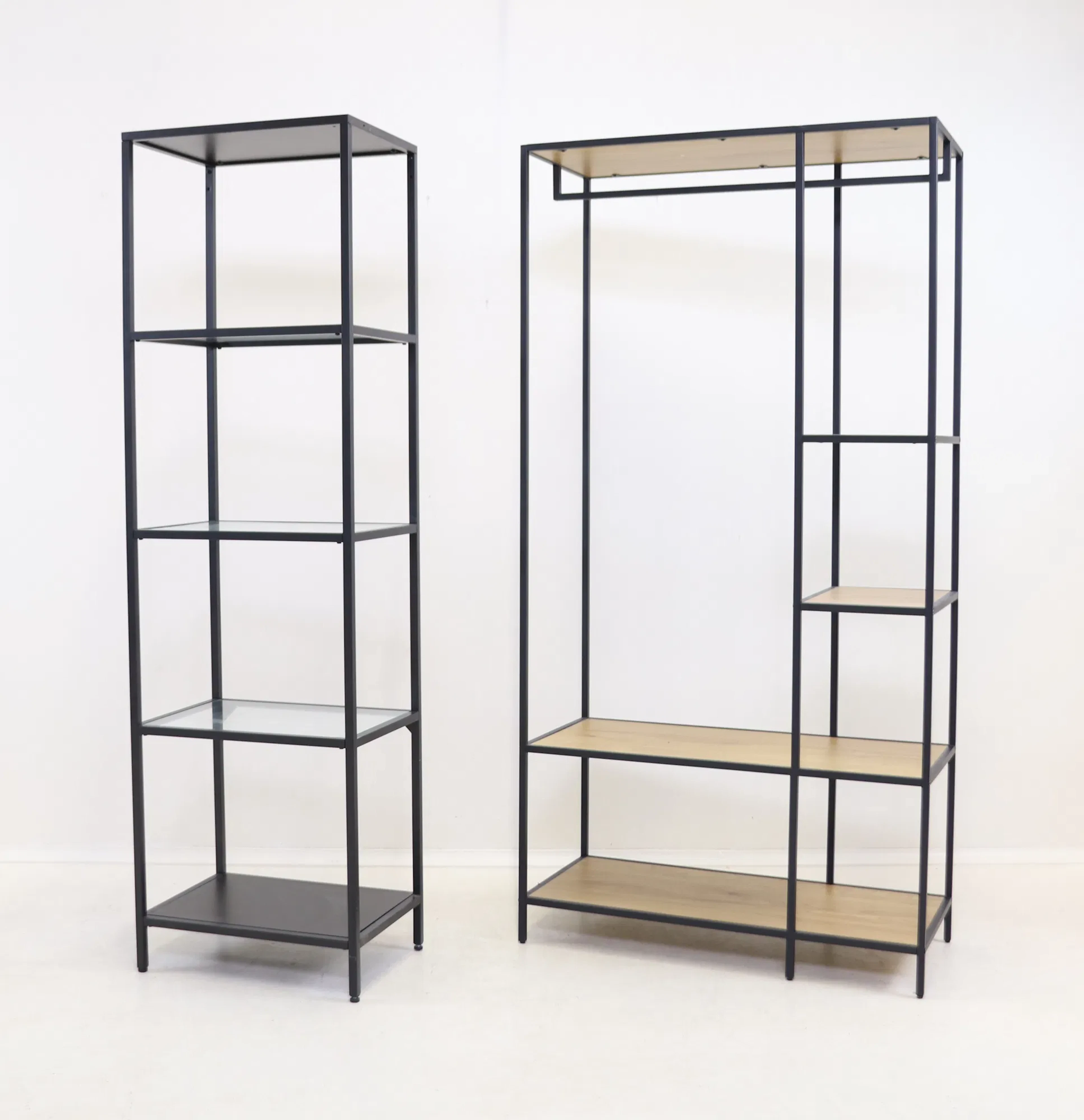Shelves, 2 pcs, metal/wood/glass.