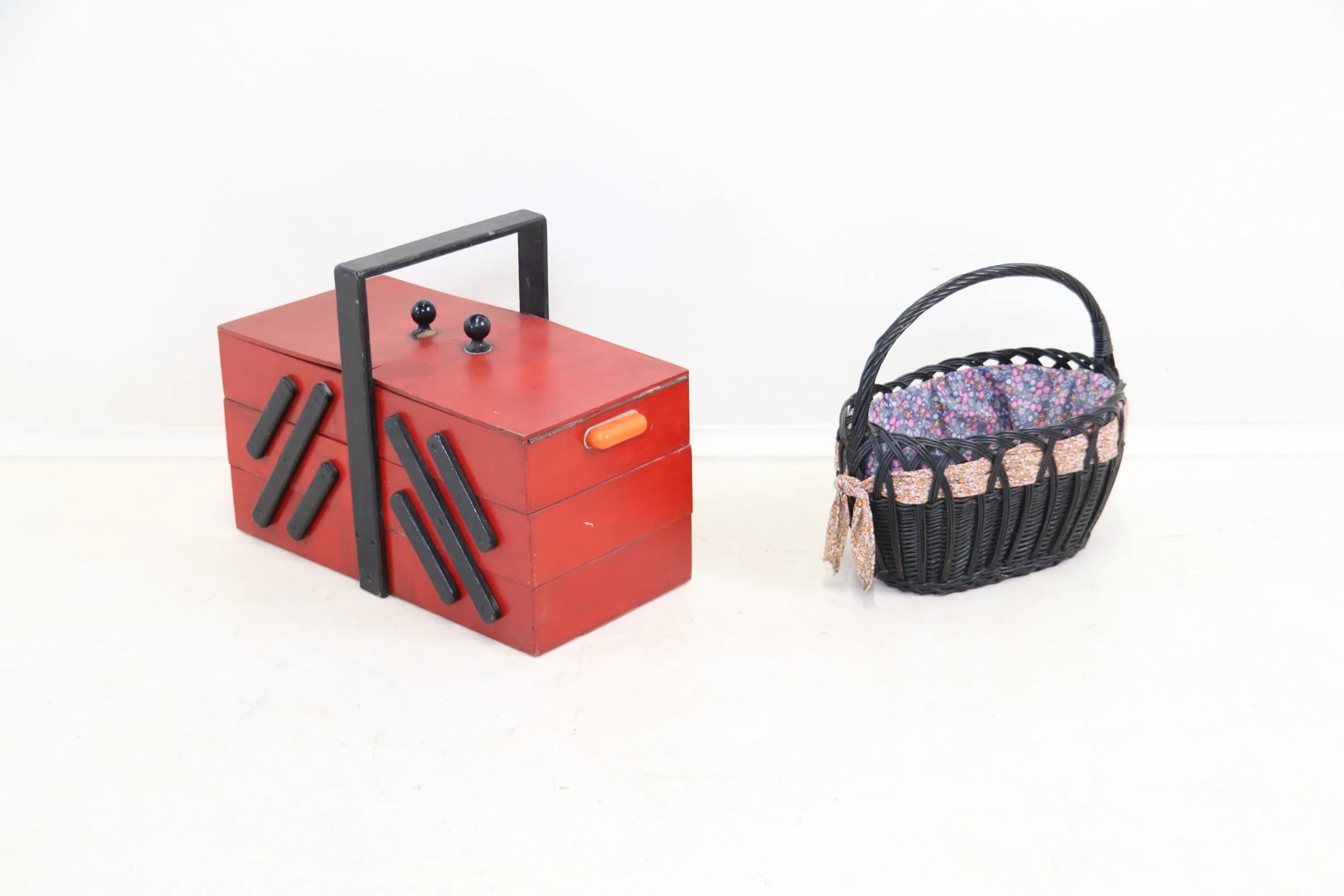 Sewing box, wood, and basket, braided/textile.
