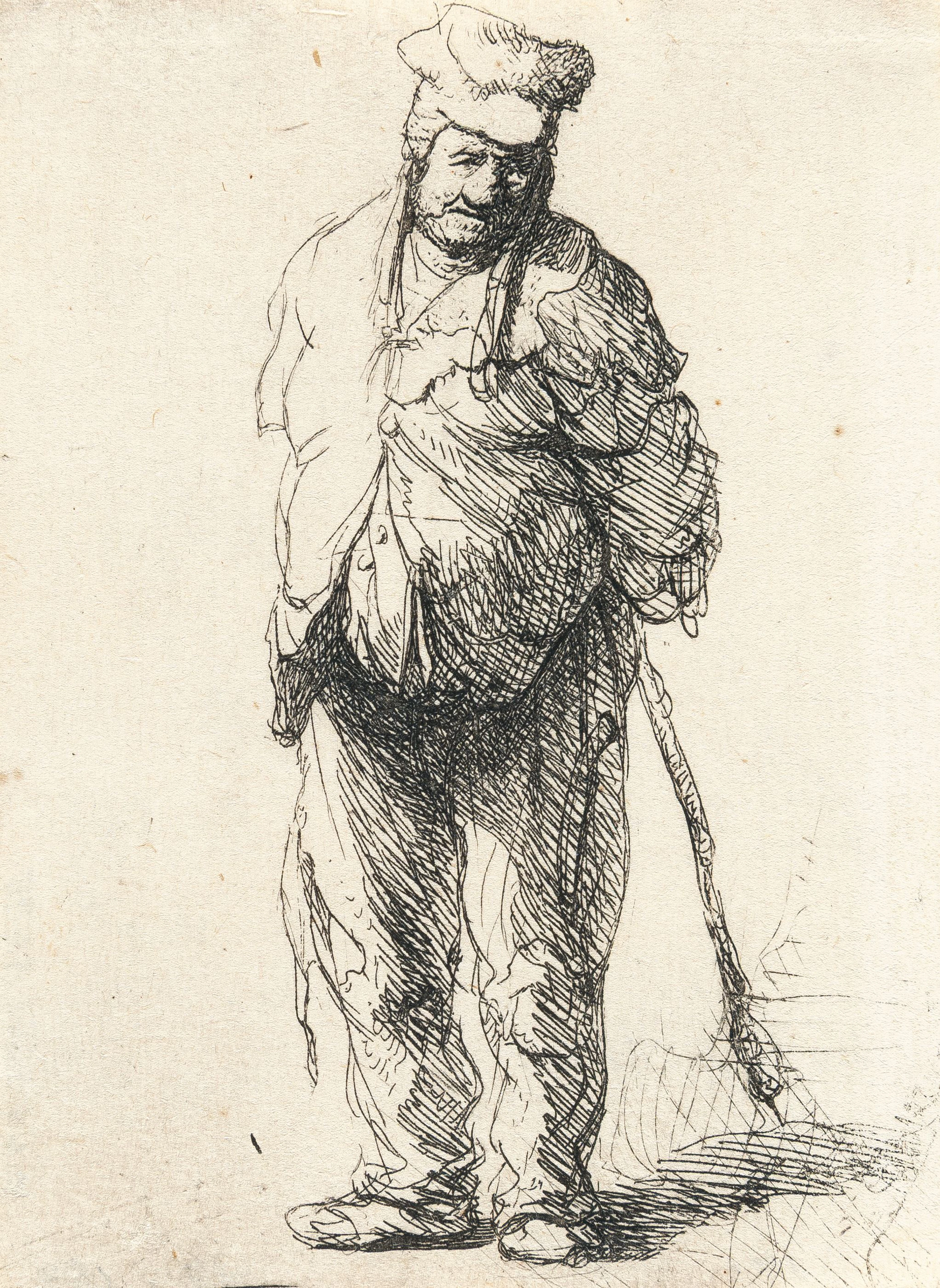 Ragged Peasant with his Hands behind Him, Holding a Stick Rembrandt
