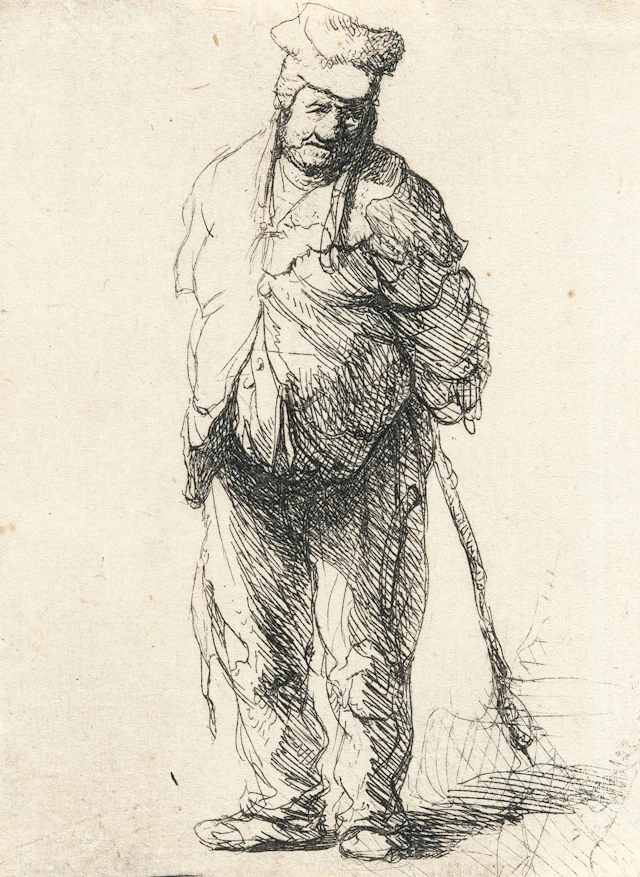 Ragged Peasant with his Hands behind Him, Holding a Stick Rembrandt