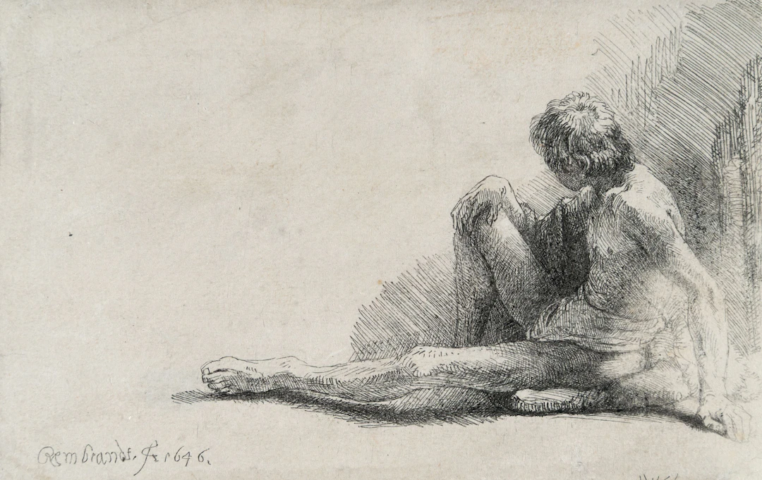 Nude Man Seated on the Ground with One Leg Extended Rembrandt Harmensz.