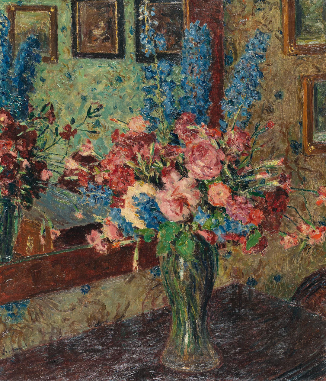 "Blumenstrauß vor Spiegel (Interieur Schloß Kirchberg)" Max Arthur Stremel