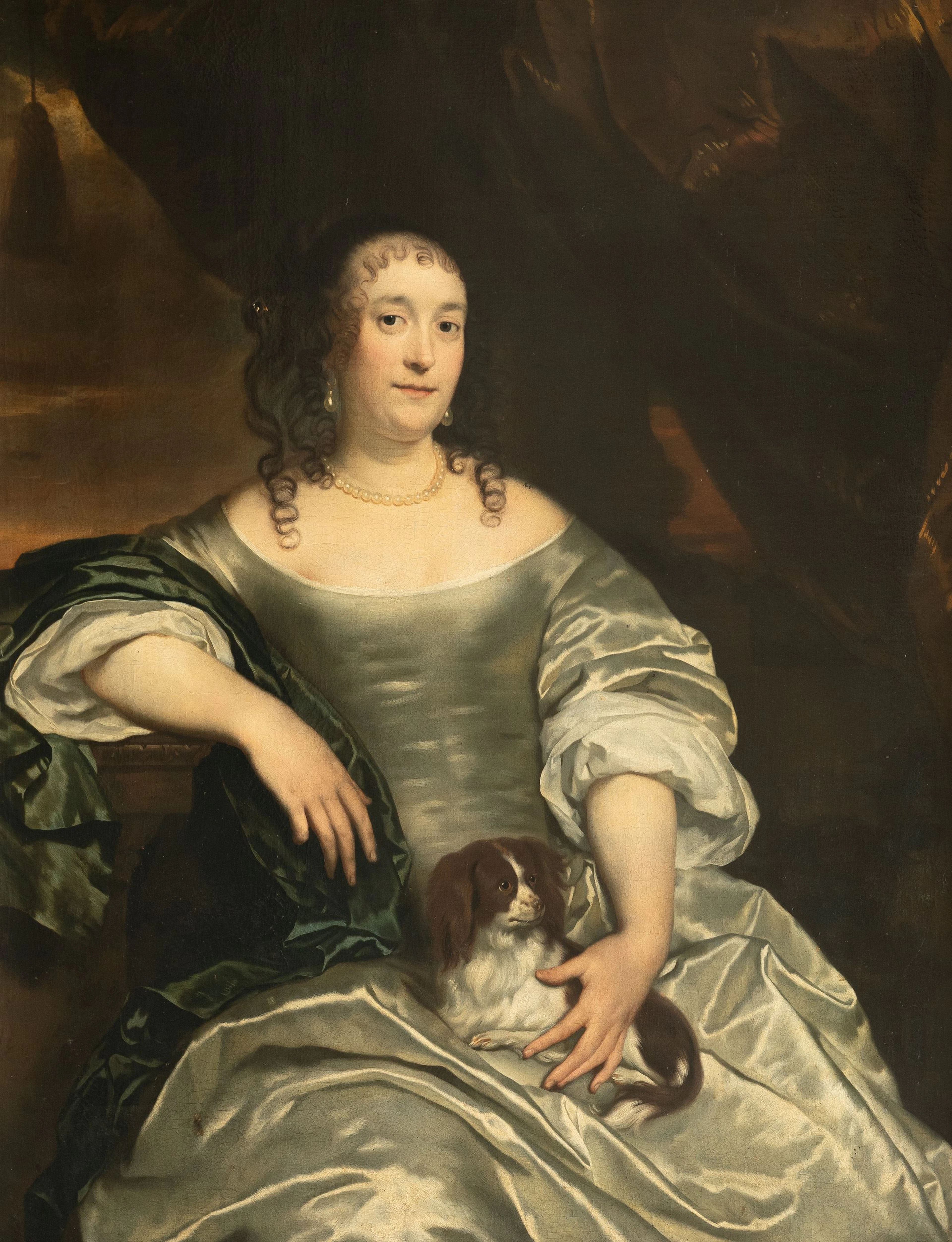 Lady in a white satin gown with a lap dog Abraham van Den Tempel