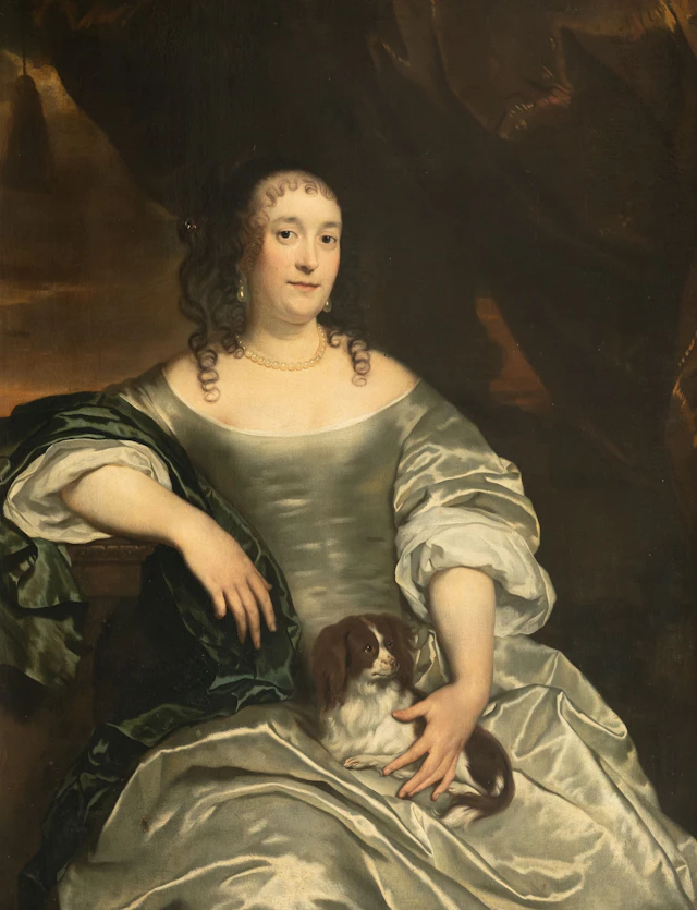 Lady in a white satin gown with a lap dog Abraham van Den Tempel