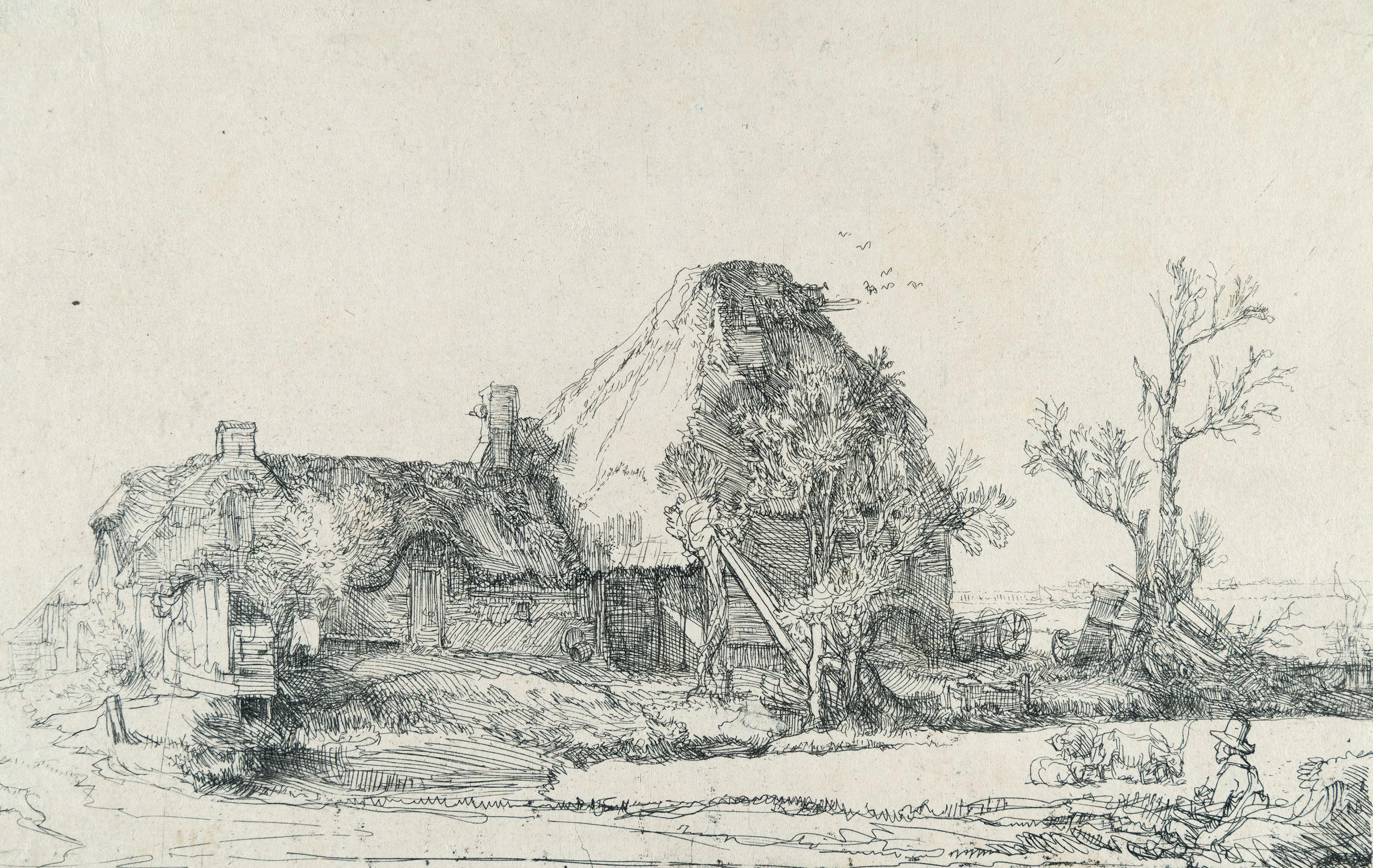 Cottages and Farm Buildings with a Man Sketching Rembrandt Harmensz. van Rijn