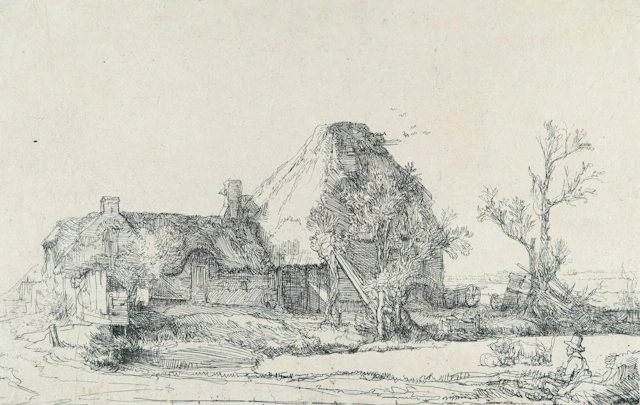 Cottages and Farm Buildings with a Man Sketching Rembrandt Harmensz. van Rijn