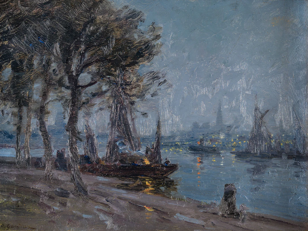 Themseufer bei Chelsea mit Segelschiffen am Abend Sidney Valentine Gardner