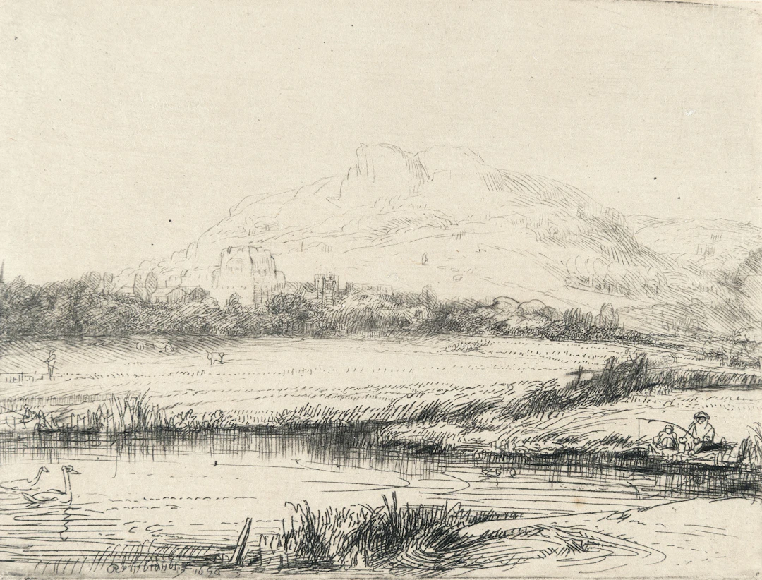 Canal with an Angler and Two Swans Rembrandt Harmensz. van Rijn
