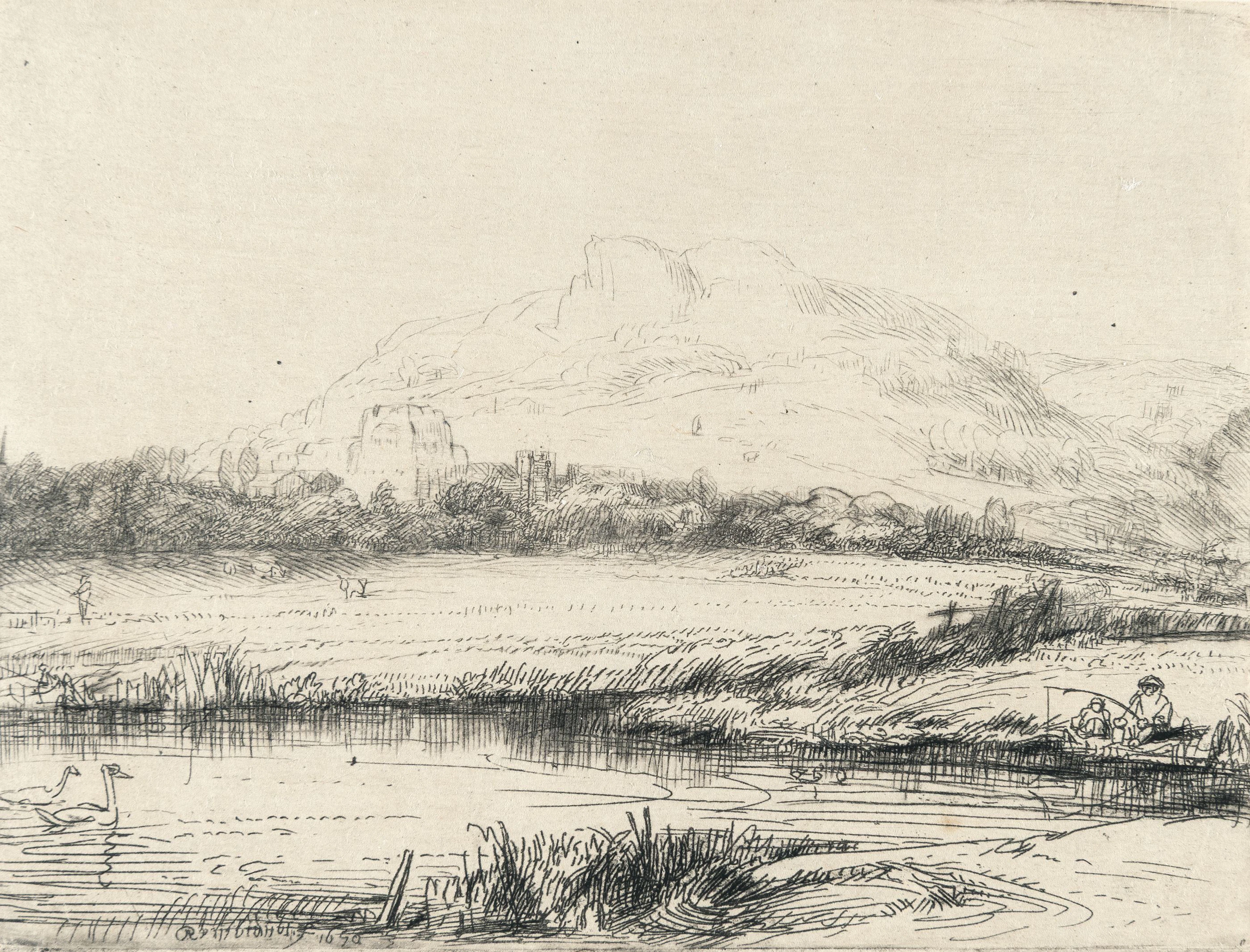 Canal with an Angler and Two Swans Rembrandt Harmensz. van Rijn