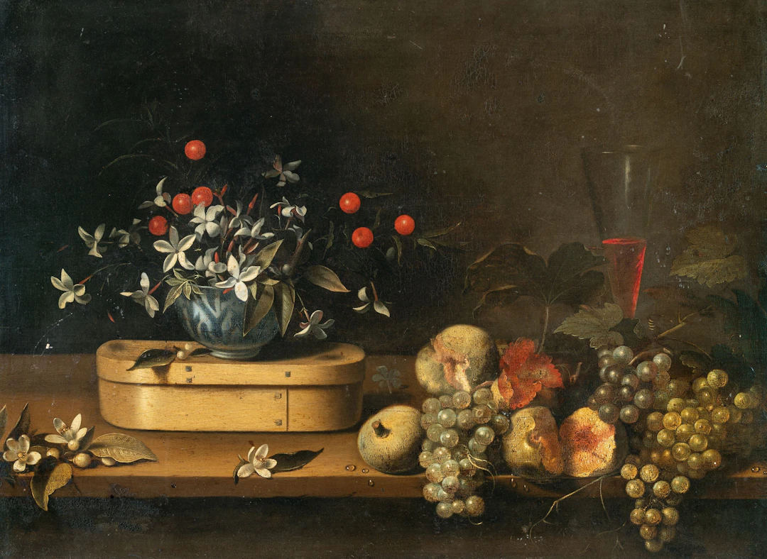 Still Life with Flowers, a Wooden Box, Grapes and a Chalice François Habert