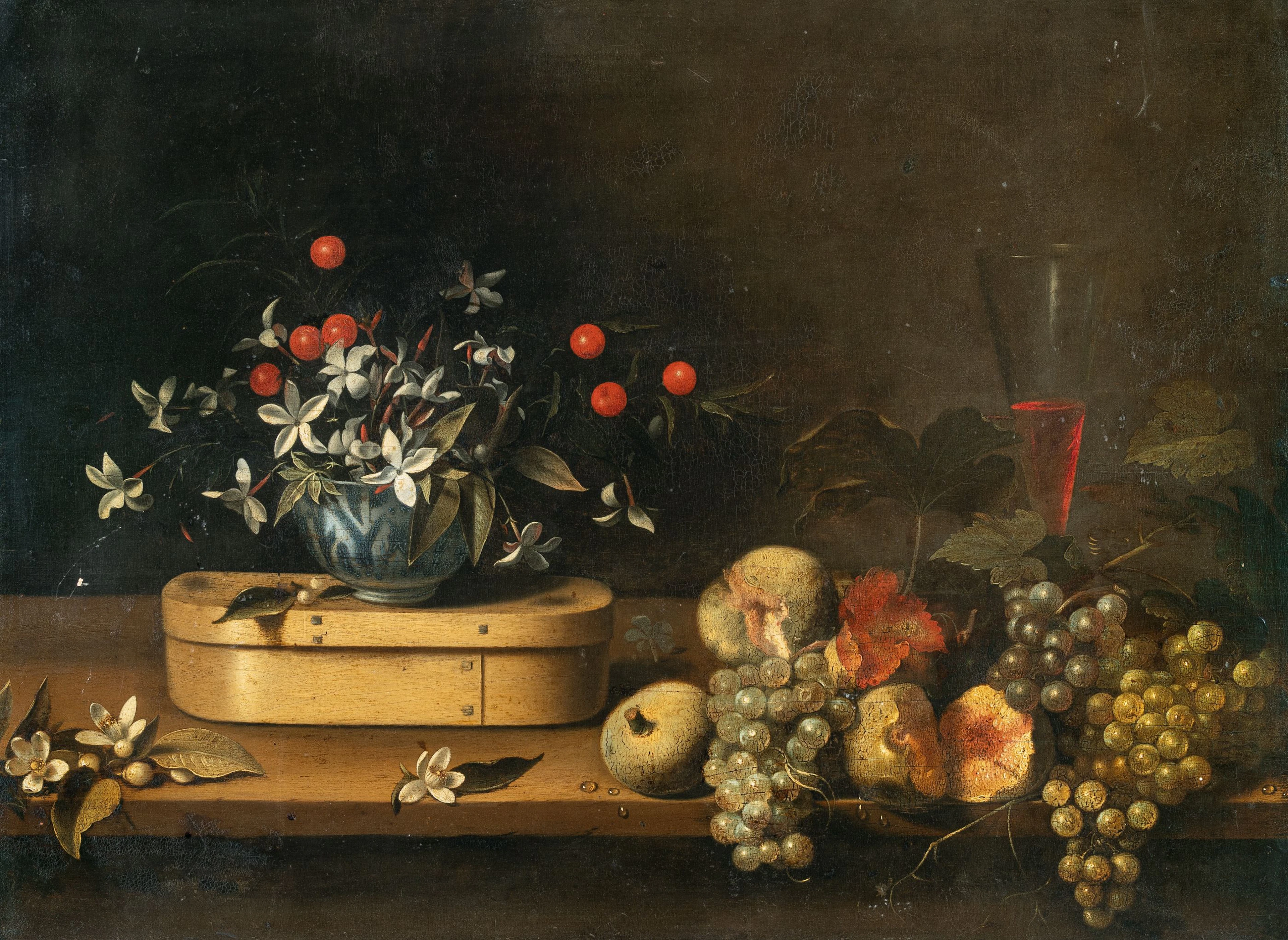 Still Life with Flowers, a Wooden Box, Grapes and a Chalice François Habert